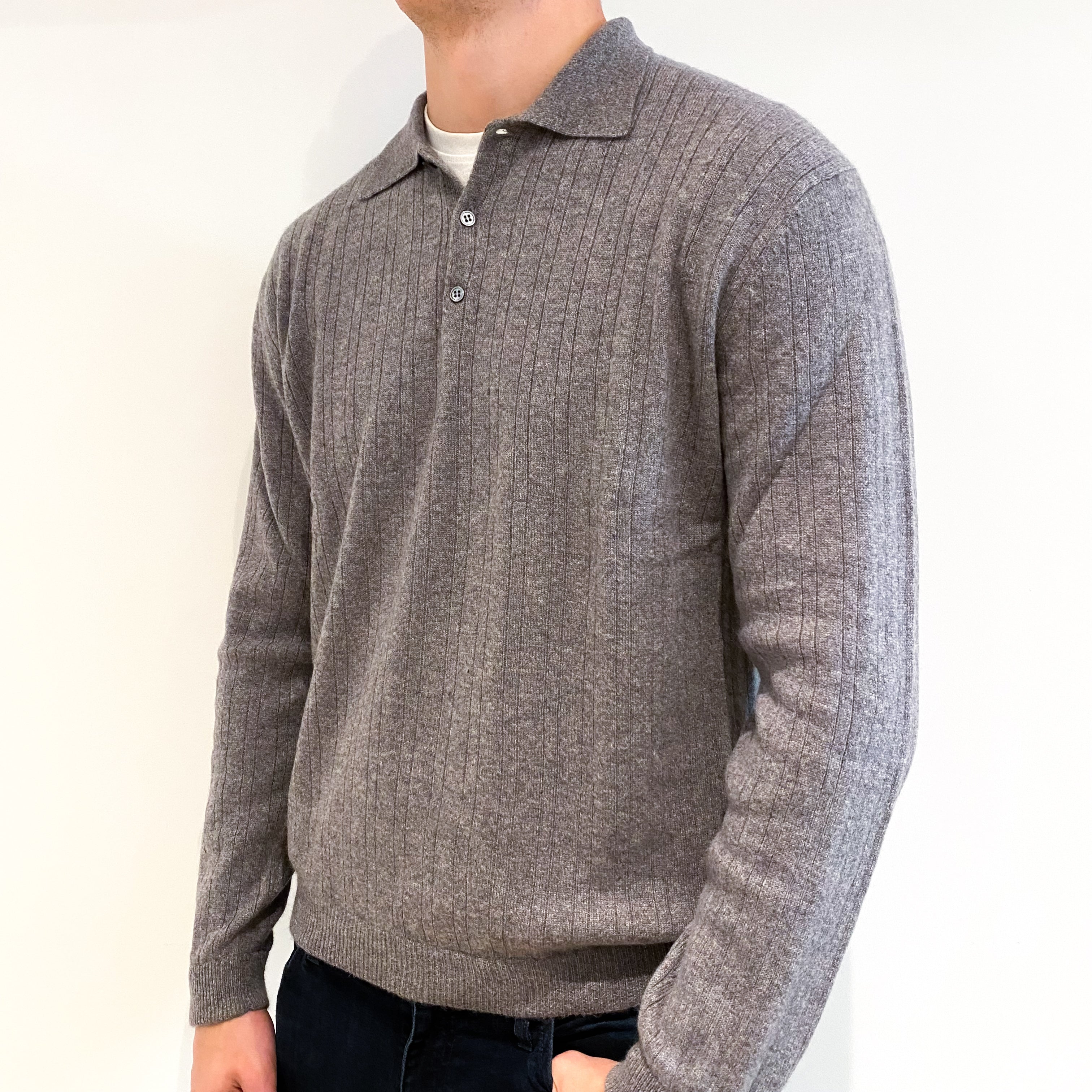 Men's Ash Grey Rib Cashmere 1/4 Button Jumper Extra Large
