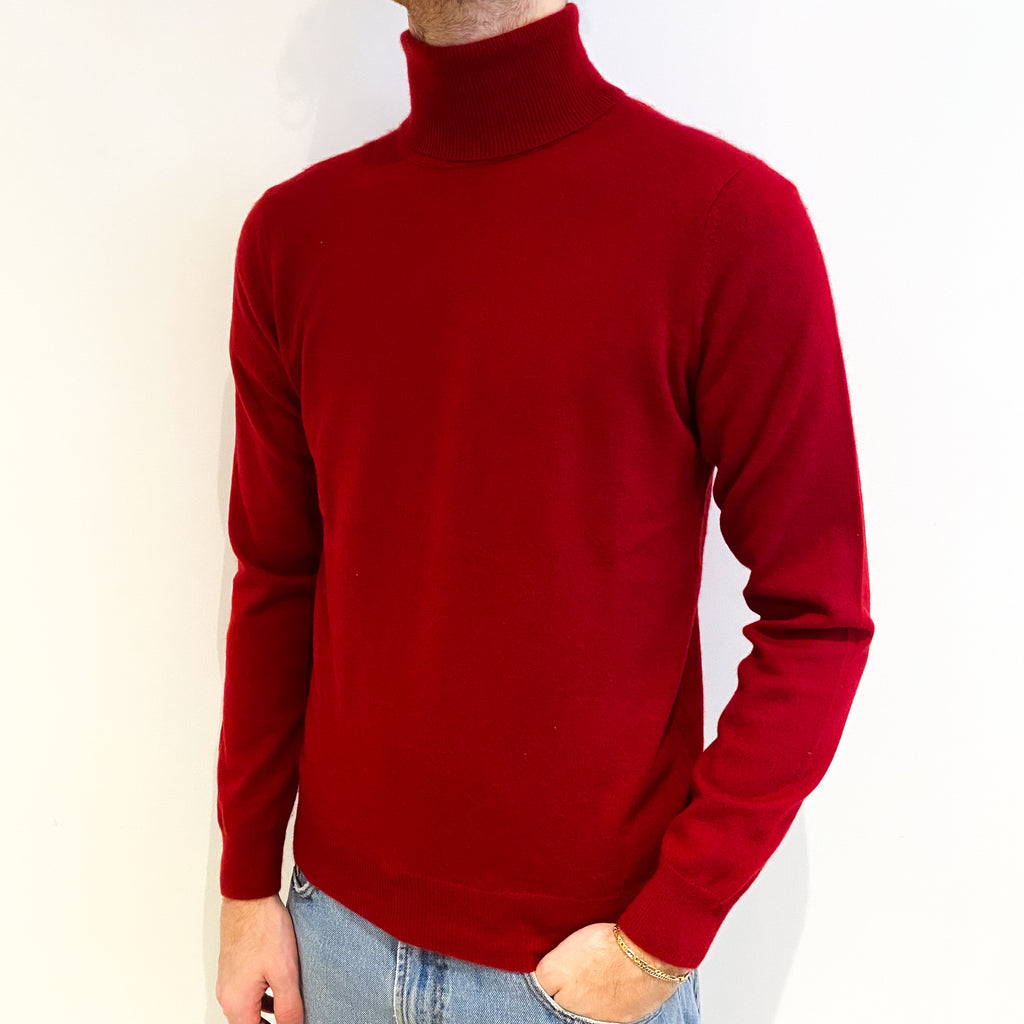 Men's Crimson Red Cashmere Polo Neck Jumper Medium