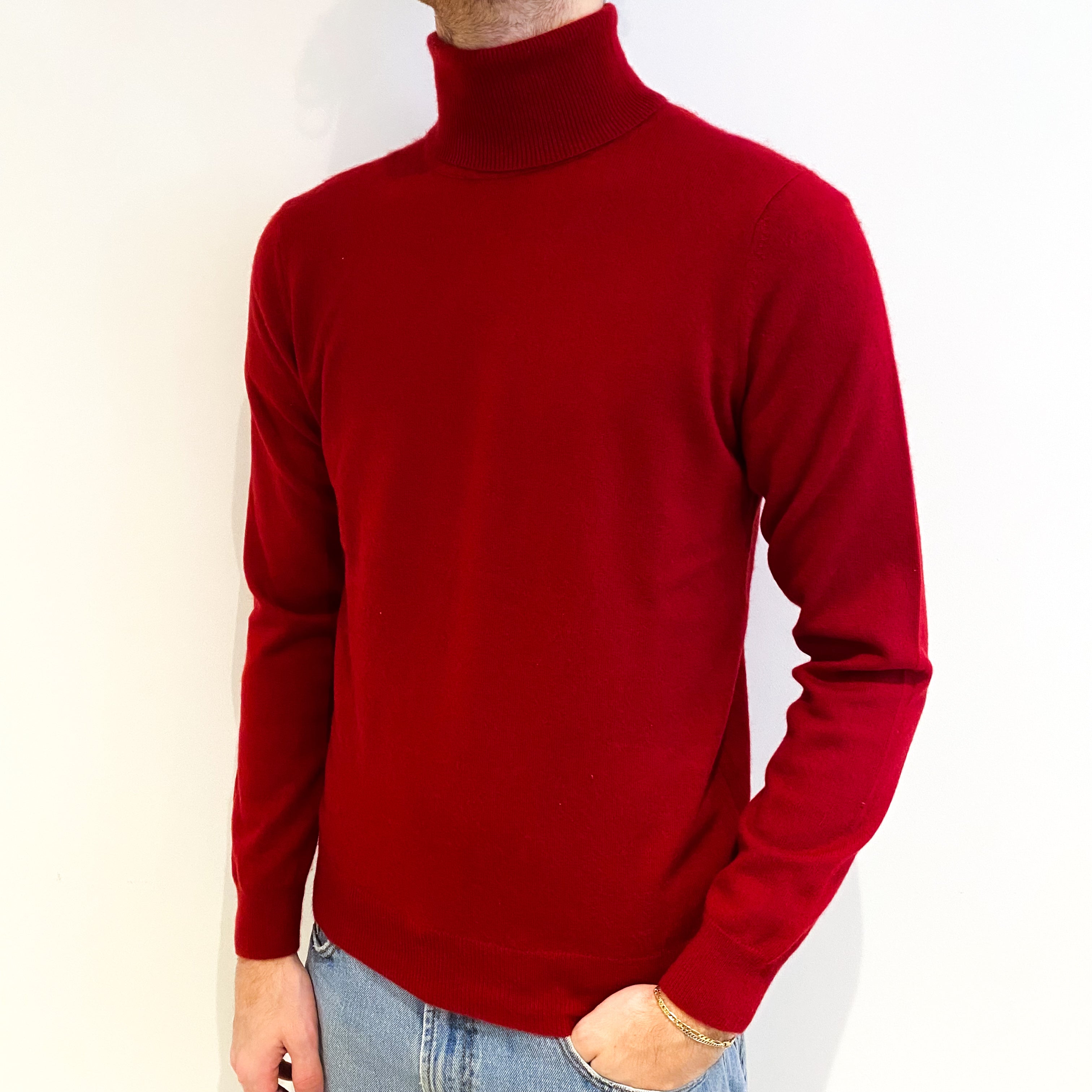 Men's Crimson Red Cashmere Polo Neck Jumper Medium