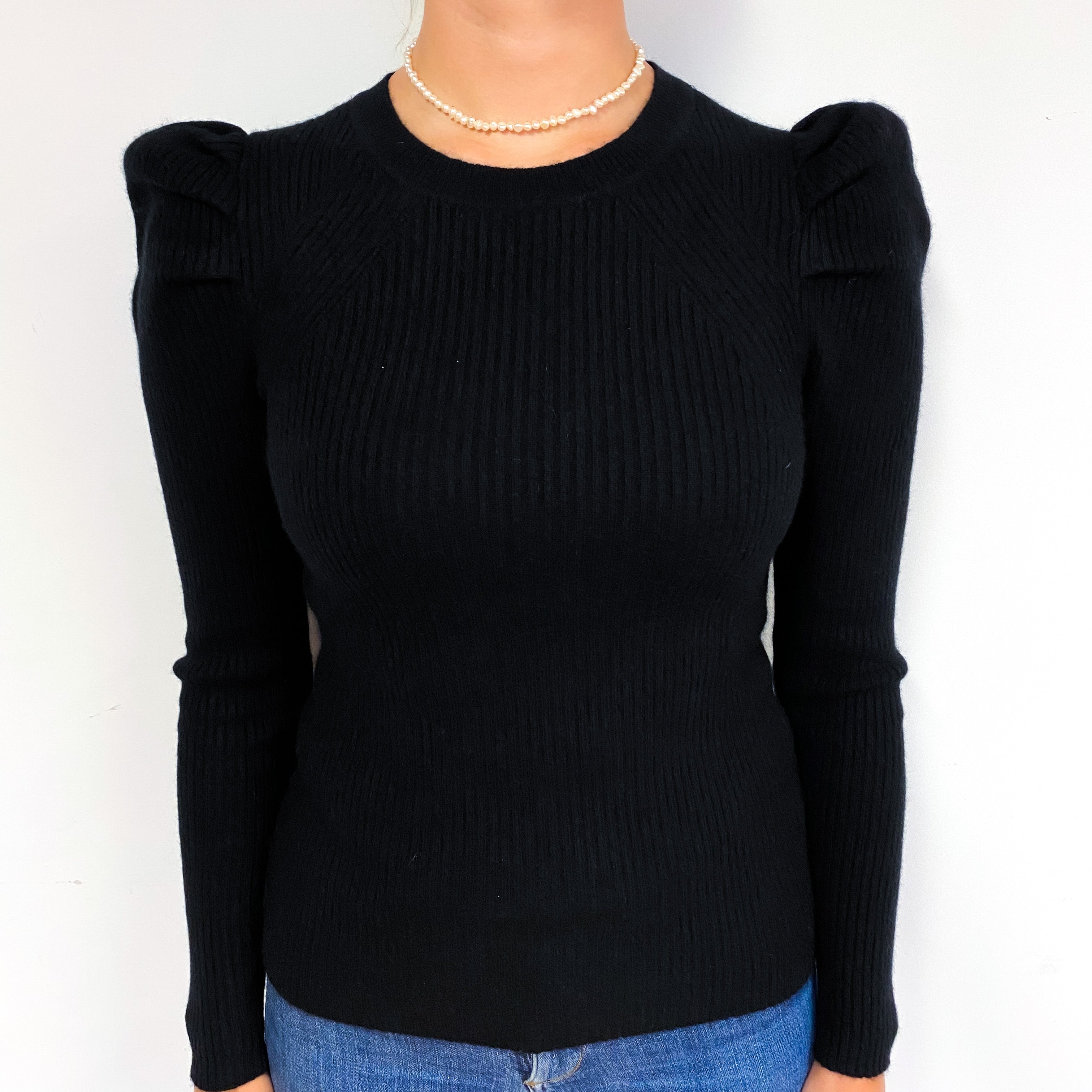 Black Ribbed Puff Shoulder Cashmere Crew Neck Jumper Small