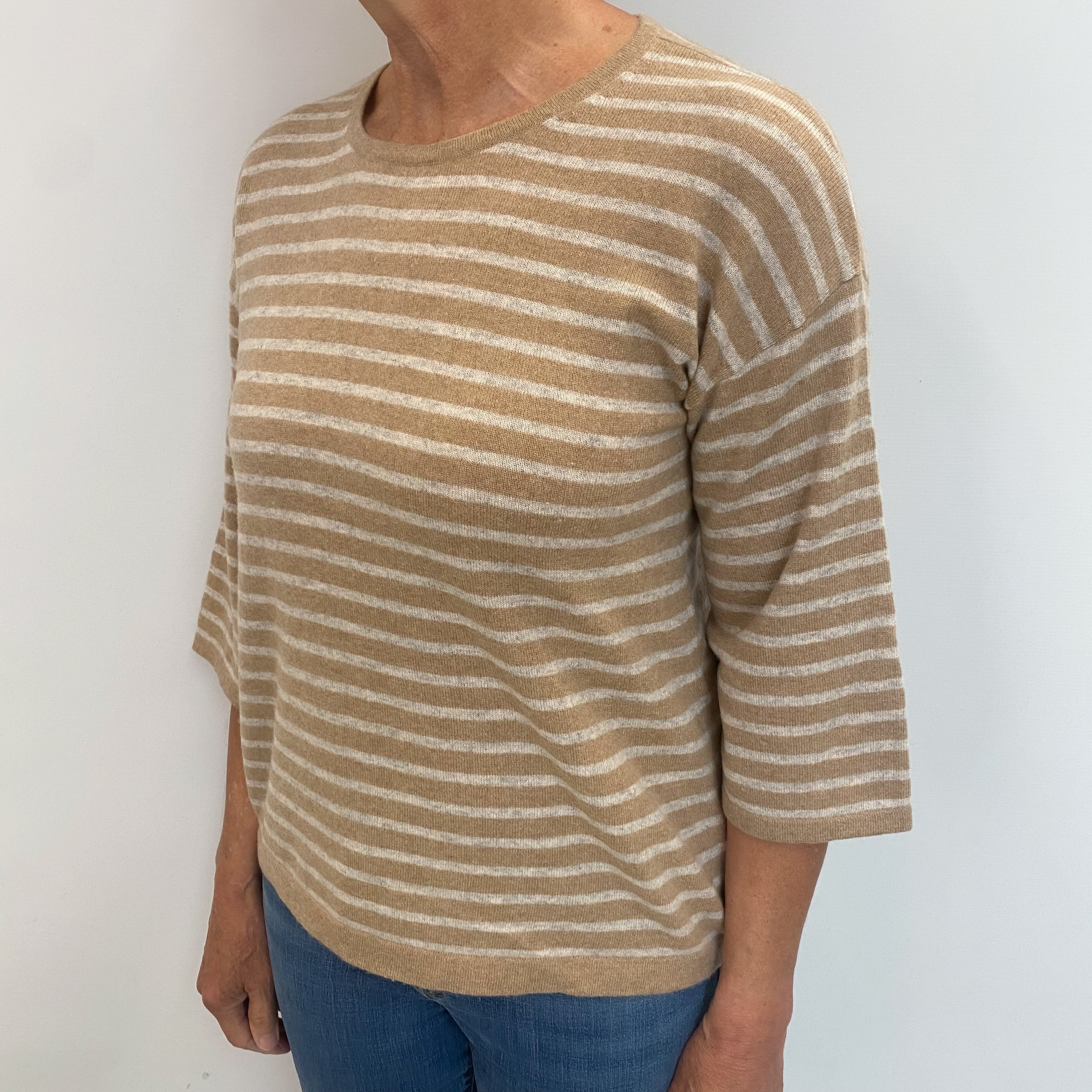 Camel And Oatmeal Striped Cashmere Crew Neck Jumper Medium