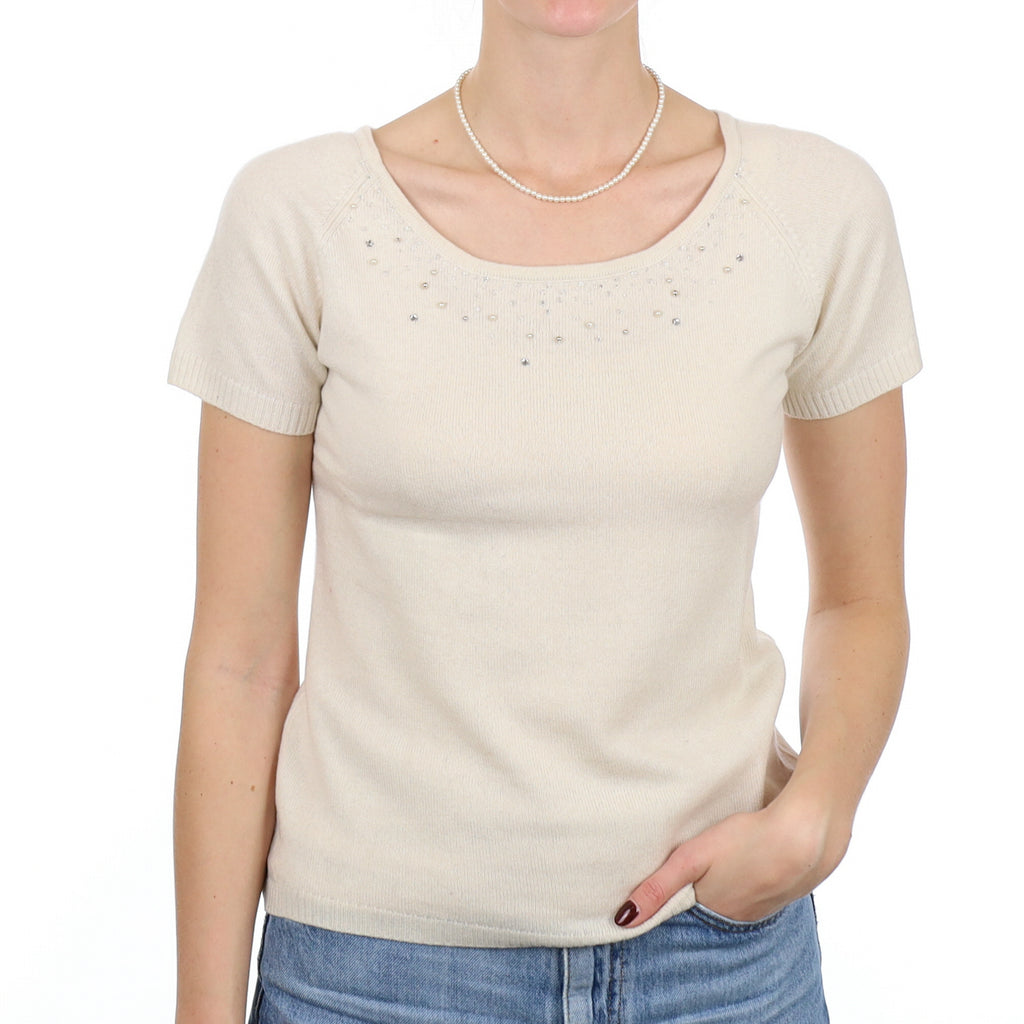 Ivory Embellished Cashmere Short Sleeve Scoop Neck Jumper Small