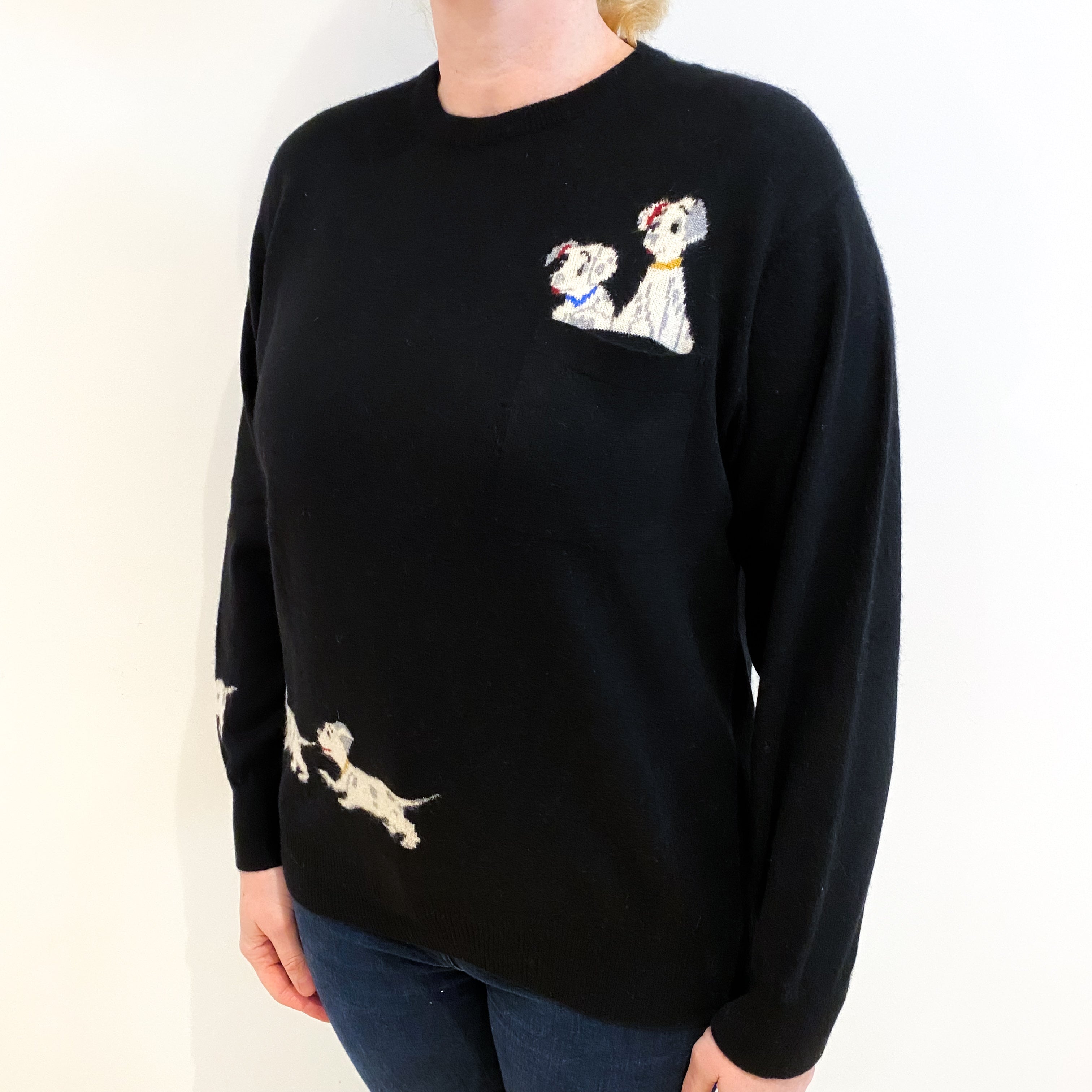 Scottish Black ‘101 Dalmatian’ Cashmere Crew Neck Jumper Large