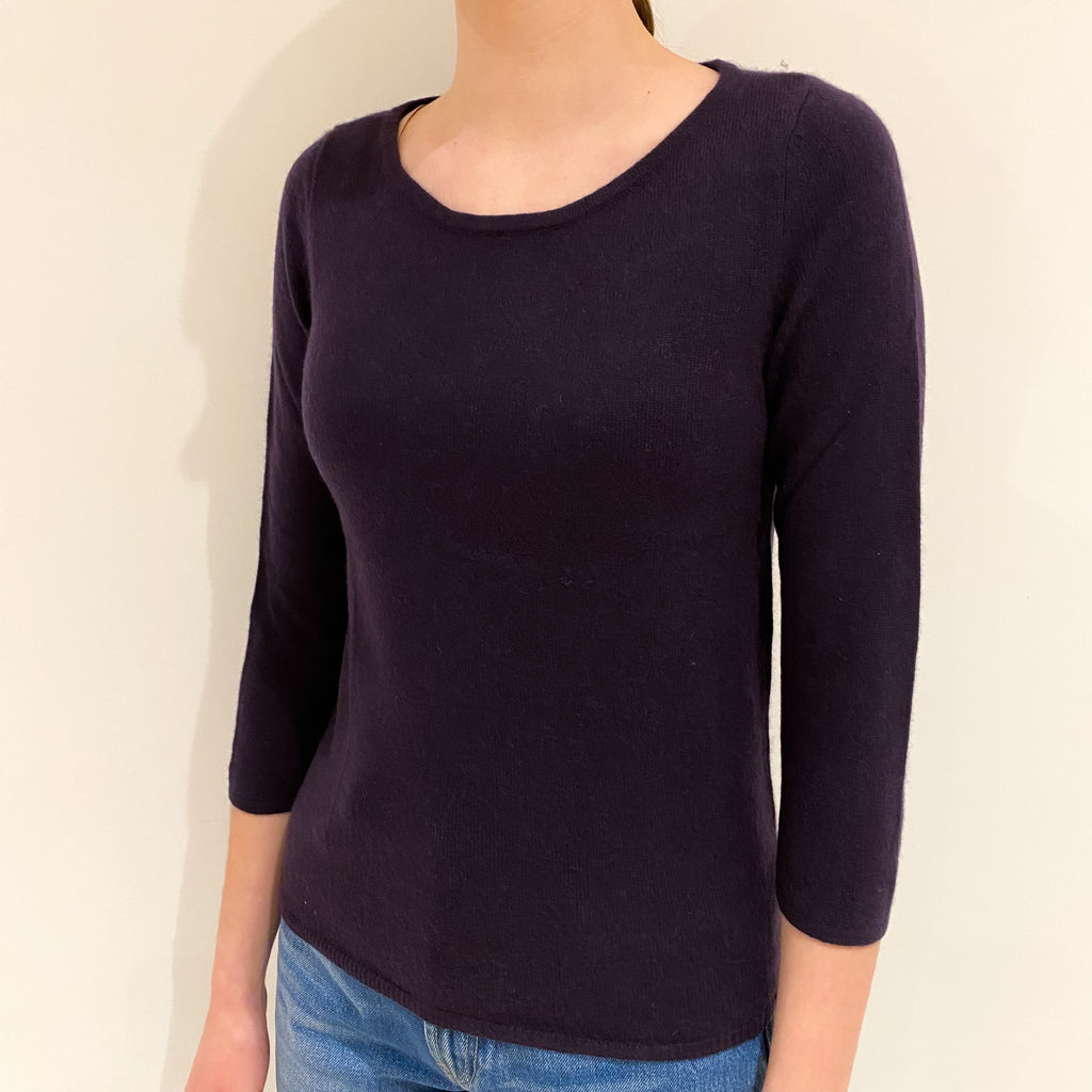 Darkest Purple 3/4 Sleeve Cashmere Crew Neck Jumper Extra Small