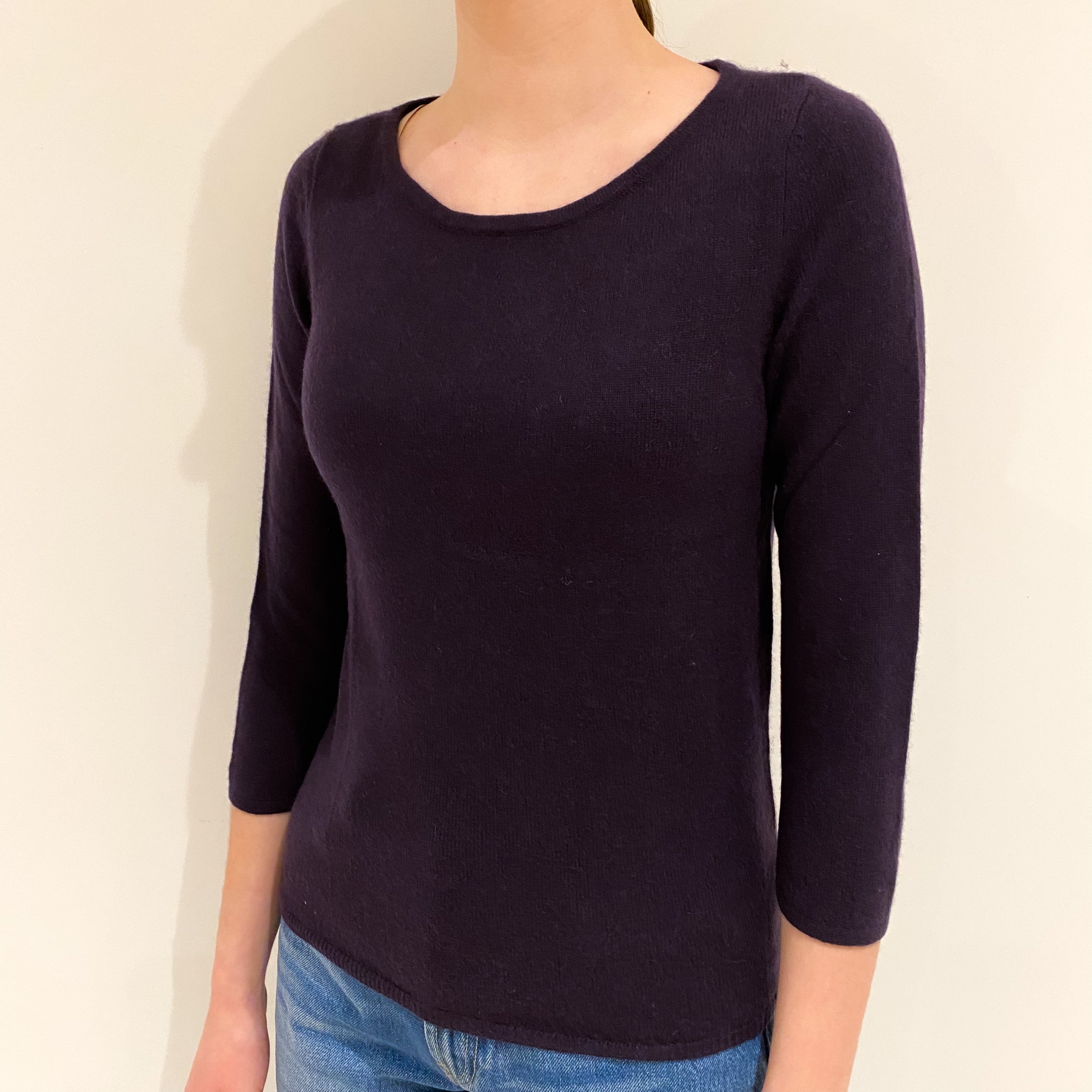 Darkest Purple 3/4 Sleeve Cashmere Crew Neck Jumper Extra Small