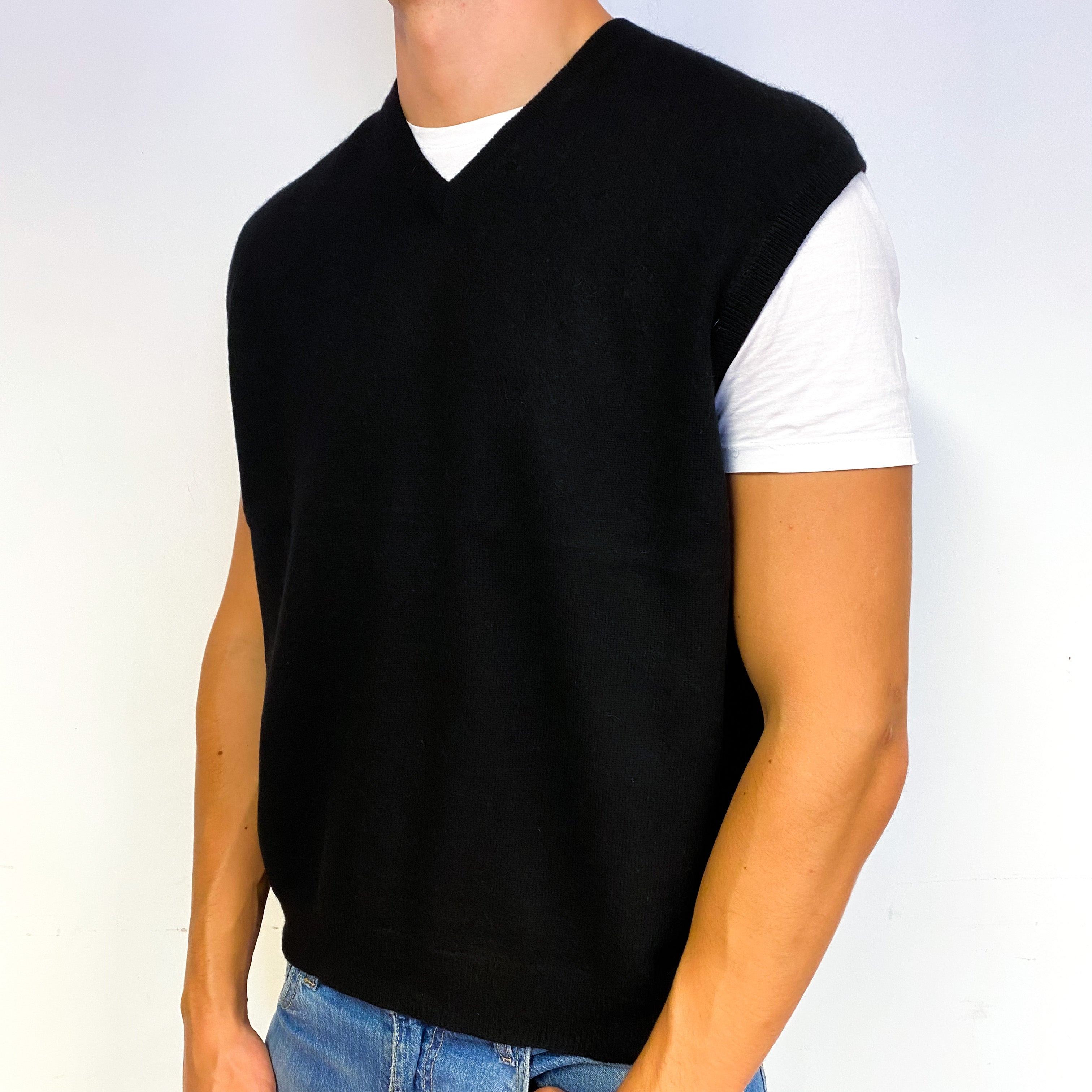 Men's Black Cashmere V-Neck Tank Top Extra Large