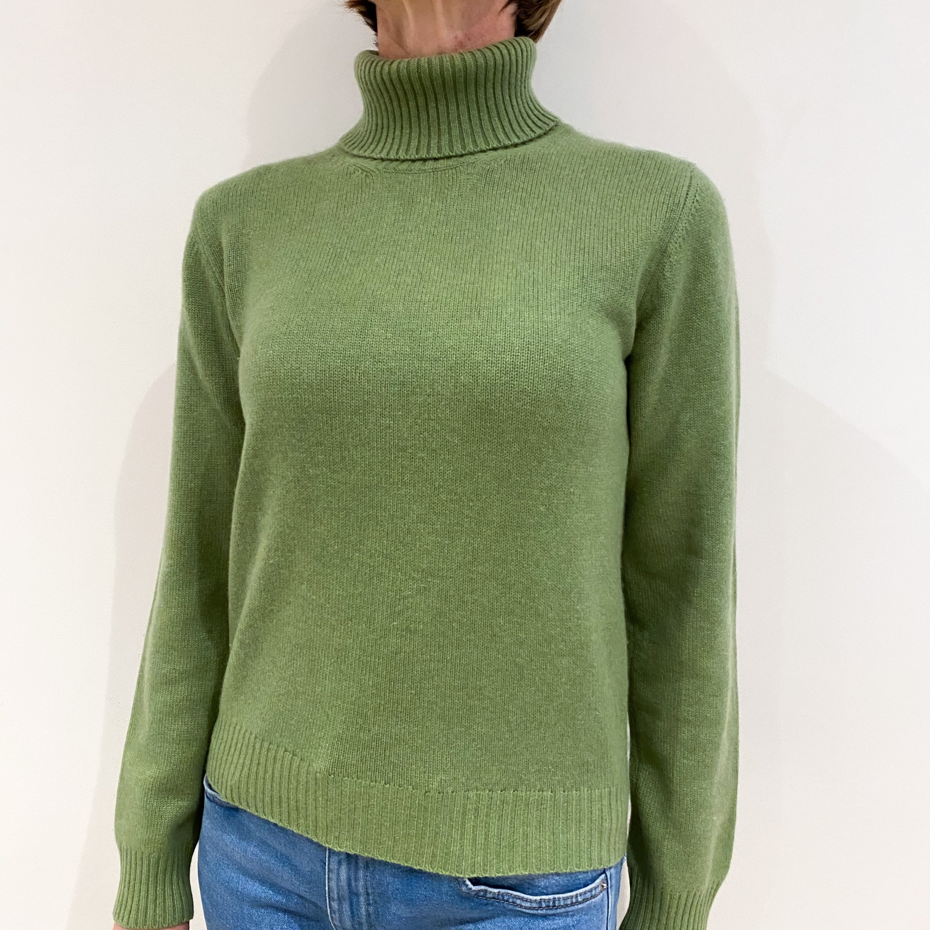 Pear Green Heavy Knit Cashmere Polo Neck Jumper Small