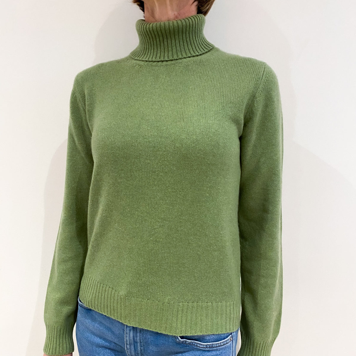 Pear Green Heavy Knit Cashmere Polo Neck Jumper Small