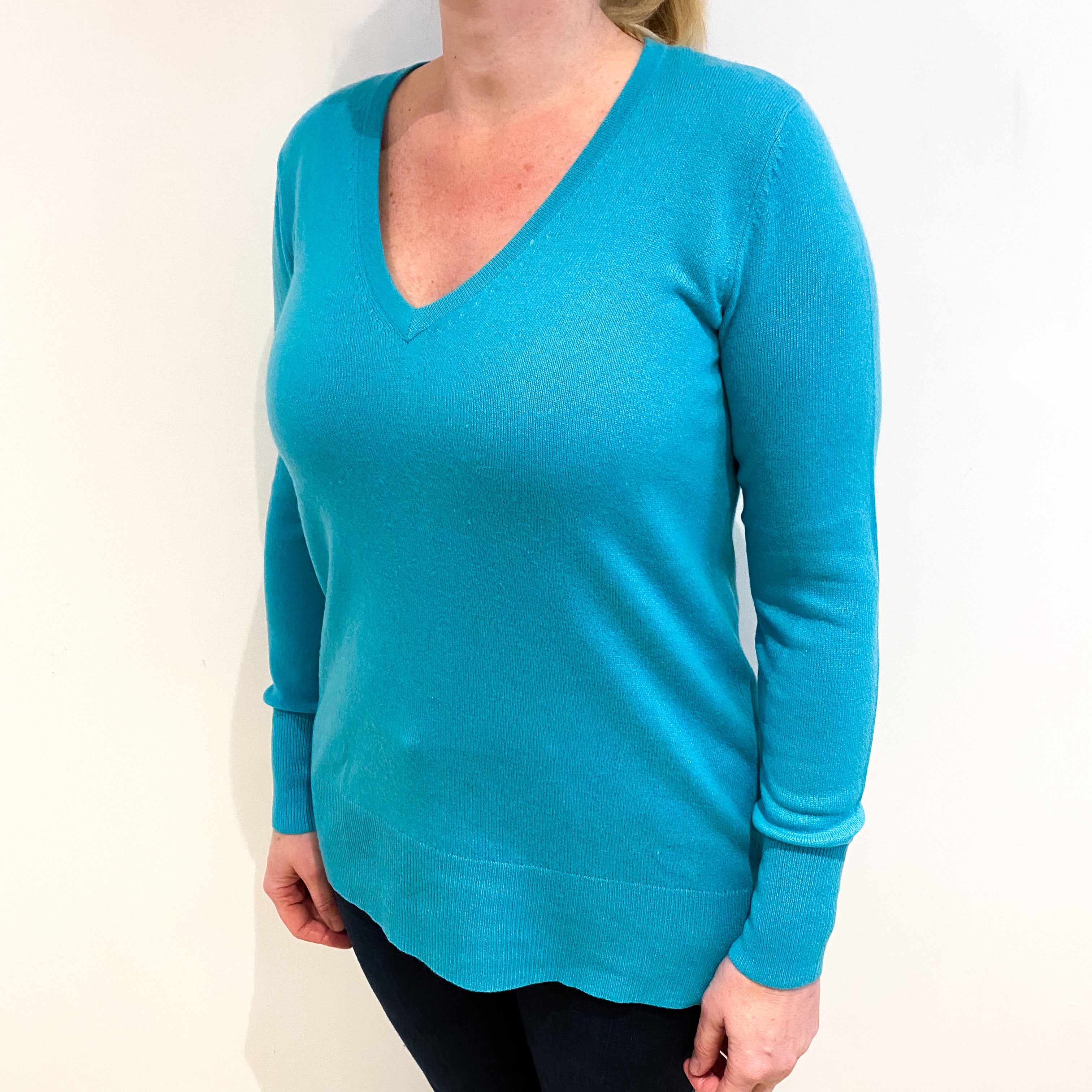 Mediterranean Blue Cashmere V Neck Jumper Large