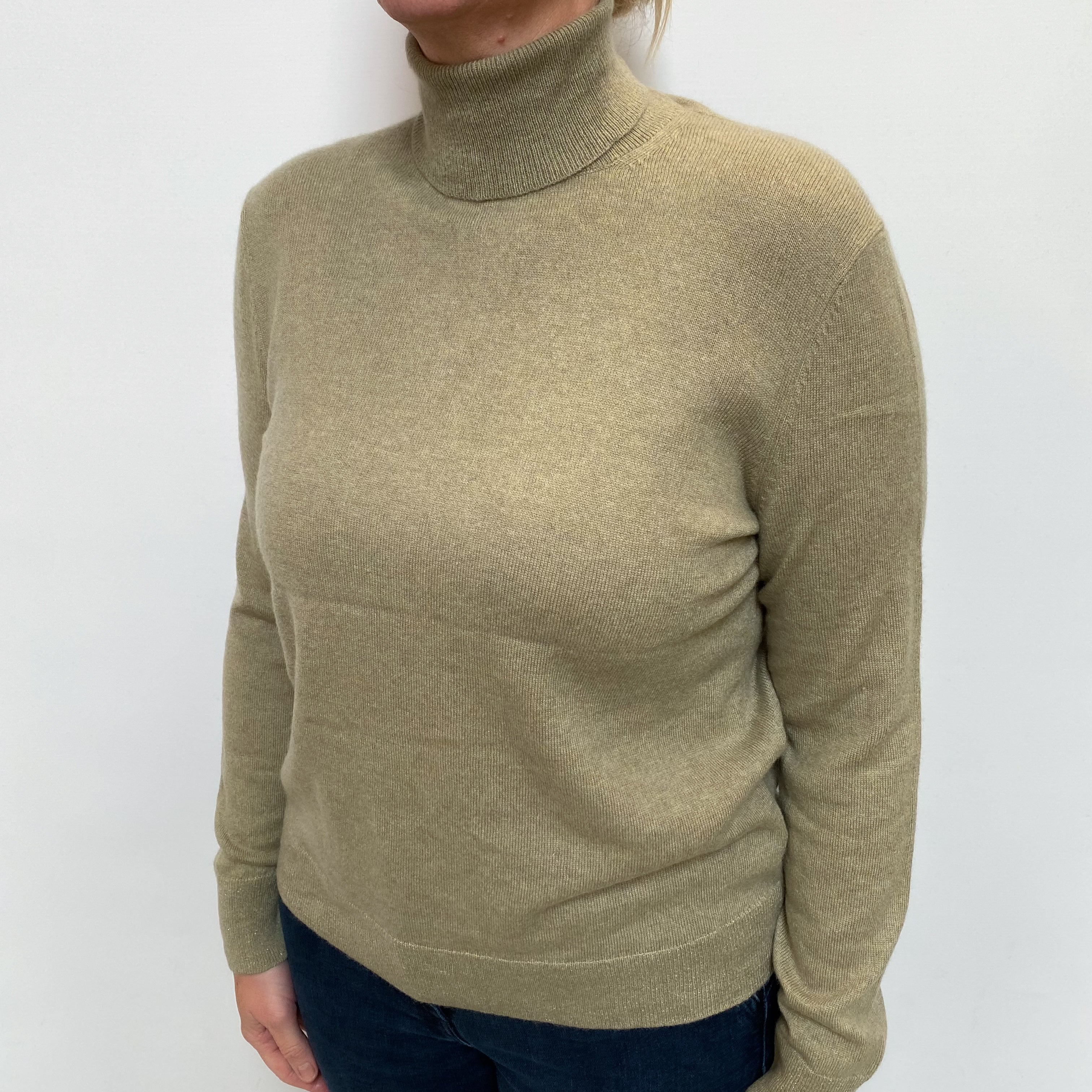Olive Green Cashmere Polo Neck Jumper Large