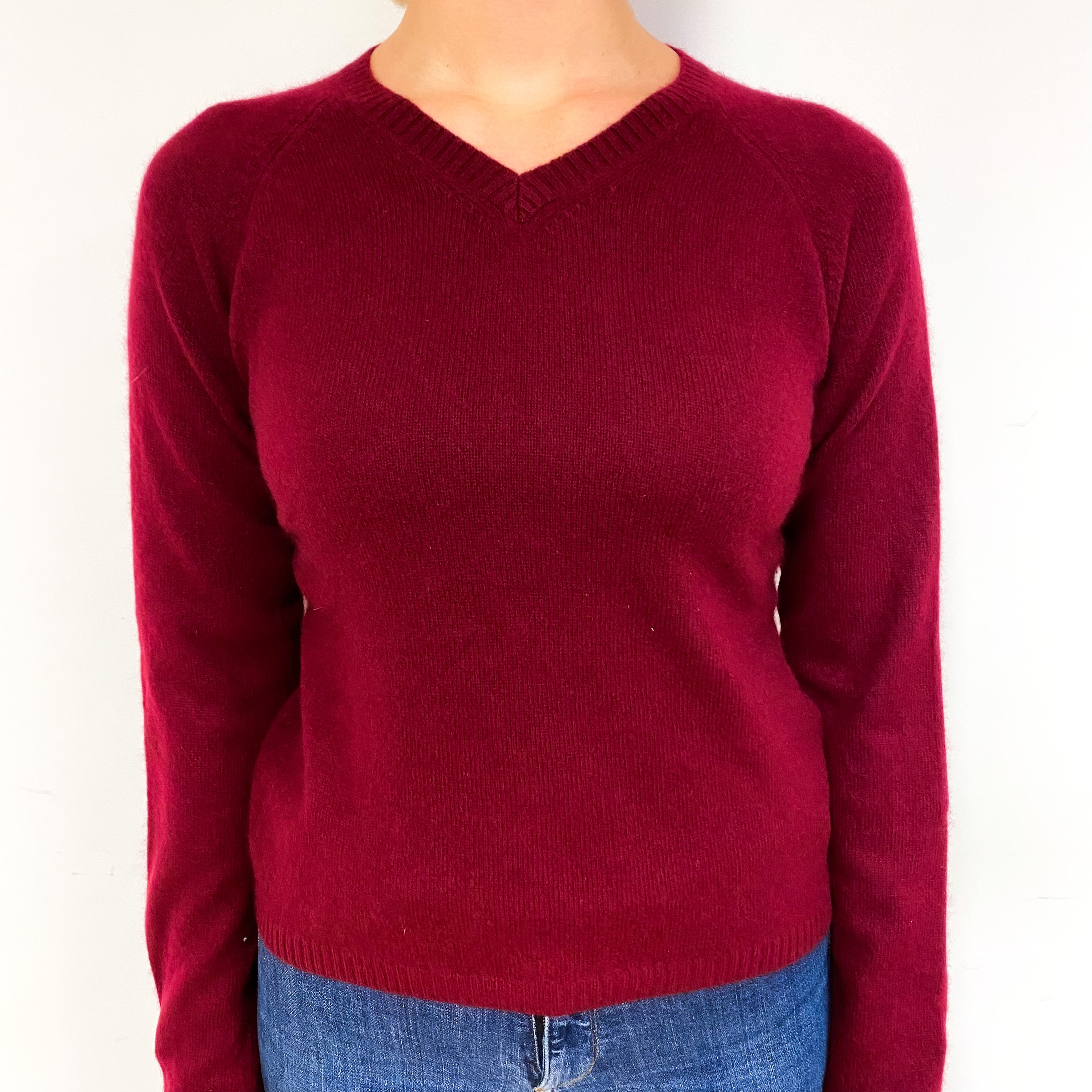 Burgundy Red Cashmere V-Neck Jumper Small