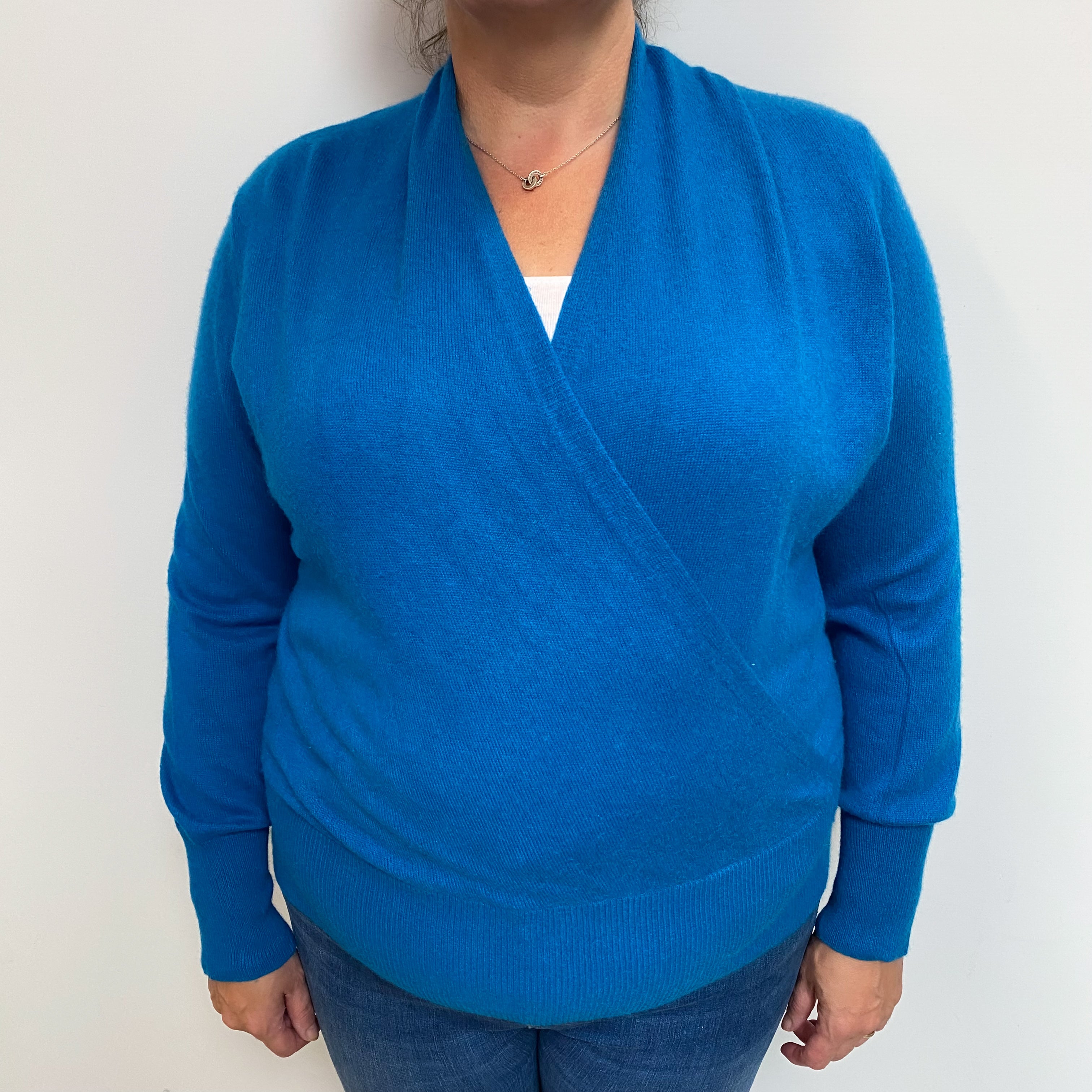 Nieman Marcus Deep Turquoise Blue Cashmere Crossover V-Neck Cardigan Extra Large