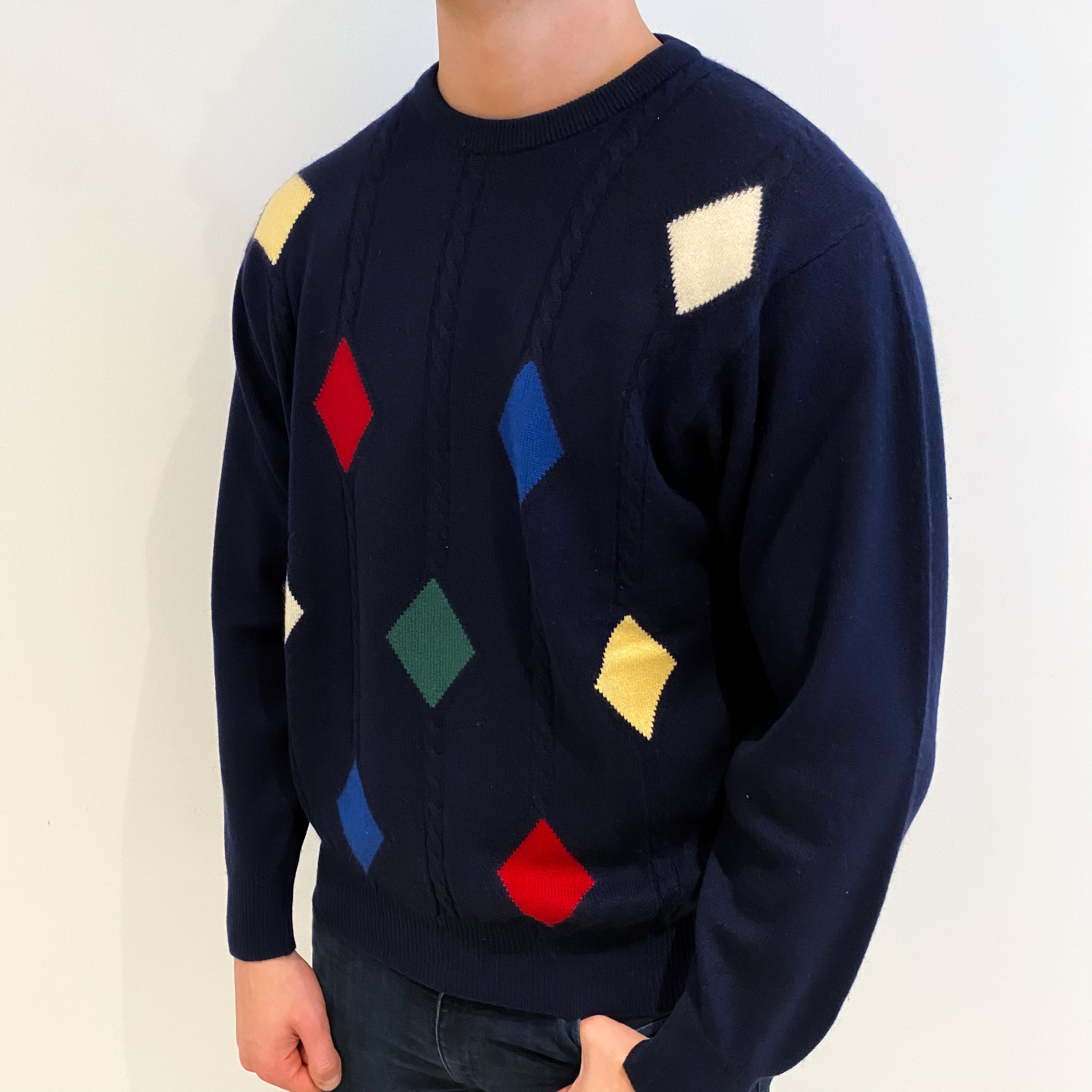Men's Scottish Navy Blue Diamond Cashmere Crew Neck Jumper XXL