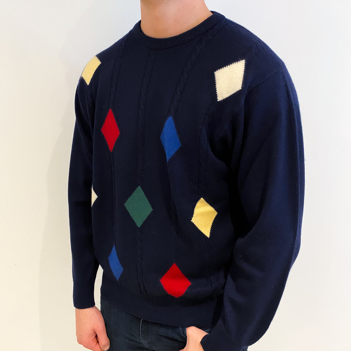 Men's Scottish Navy Blue Diamond Cashmere Crew Neck Jumper XXL