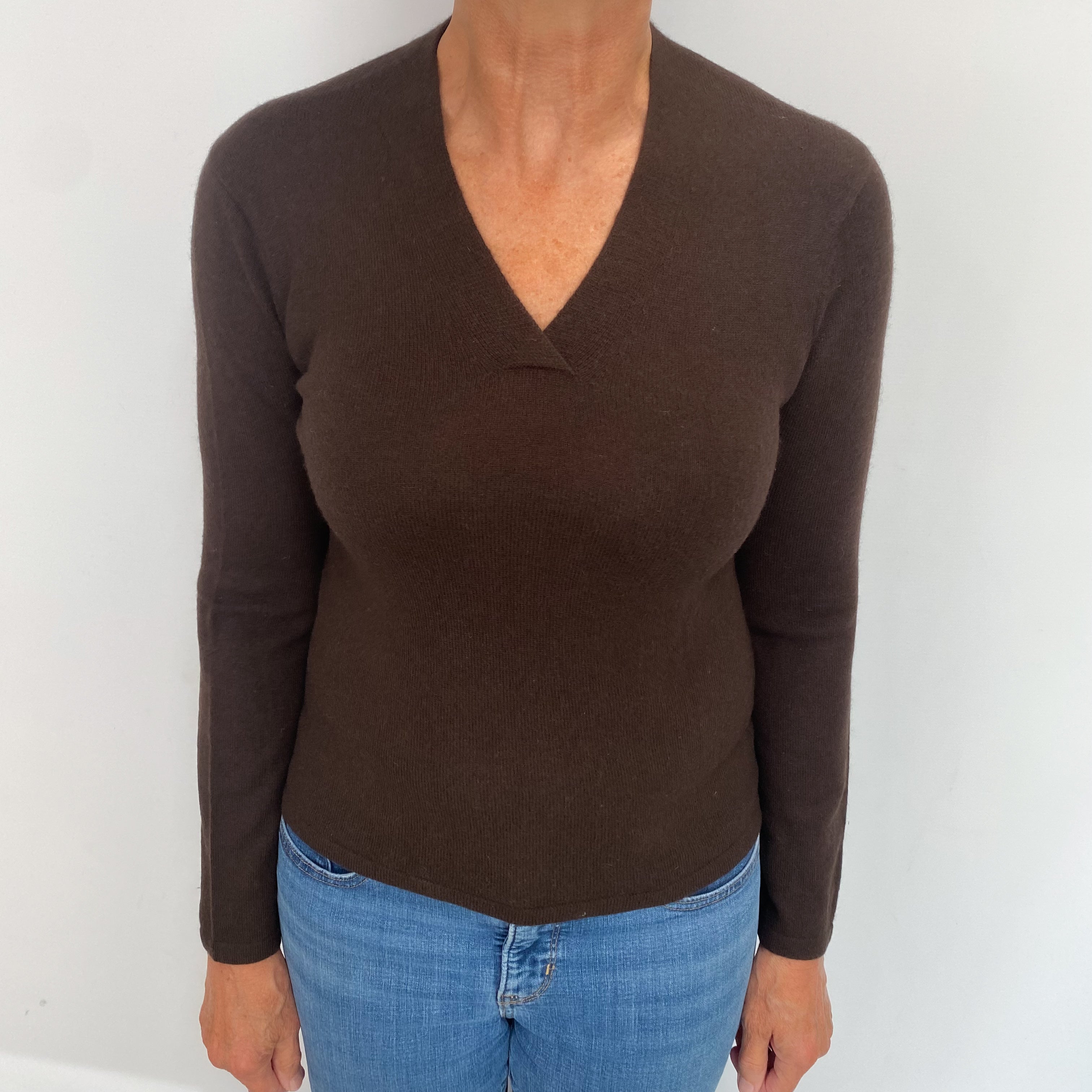 Dark Chocolate Brown Cashmere V Neck Jumper Medium