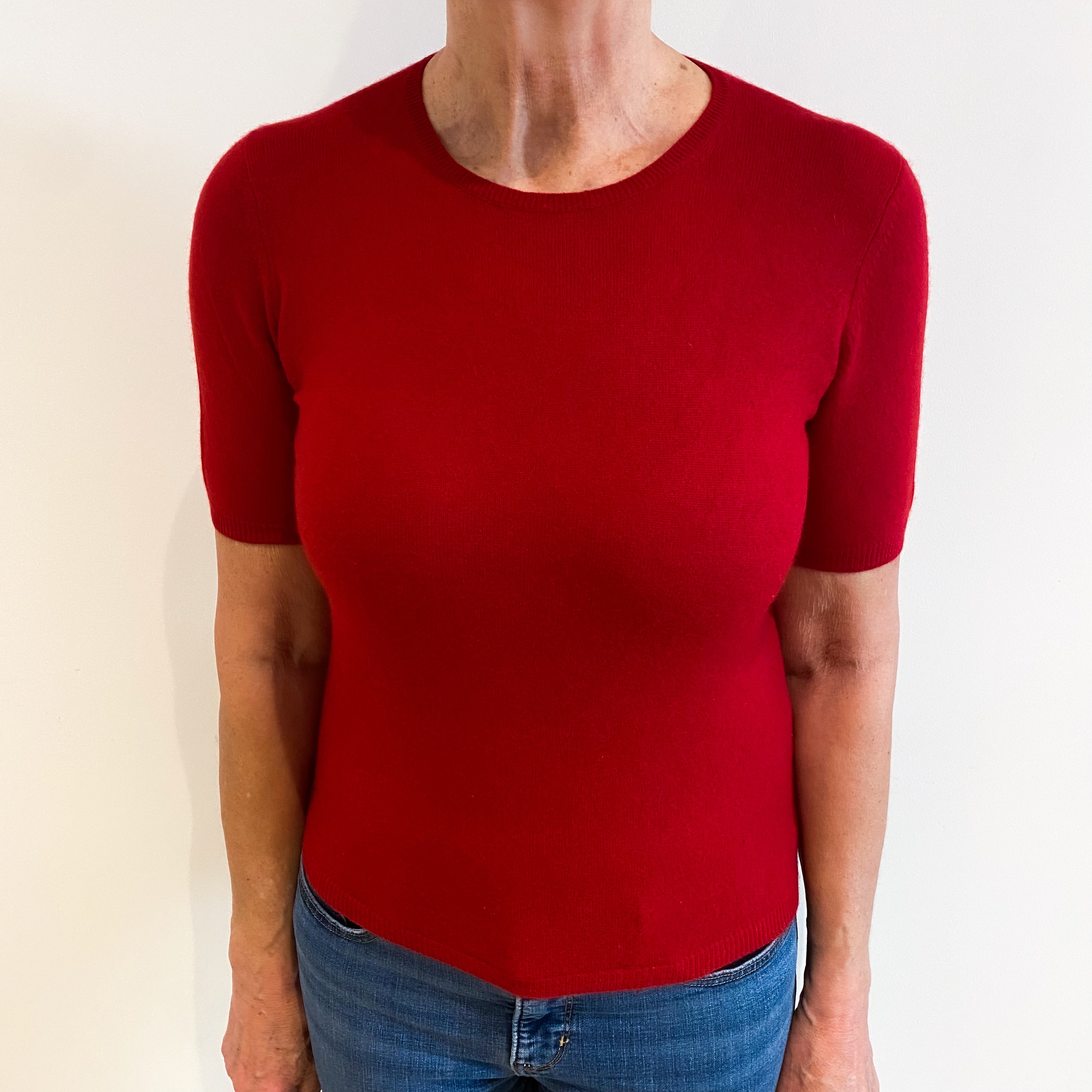 Post Box Red Cashmere Short Sleeved Crew Neck Jumper Medium