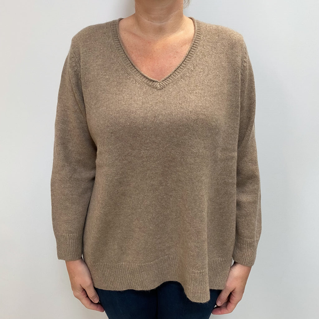 Mocha Brown Chunky Cashmere V Neck Jumper Large