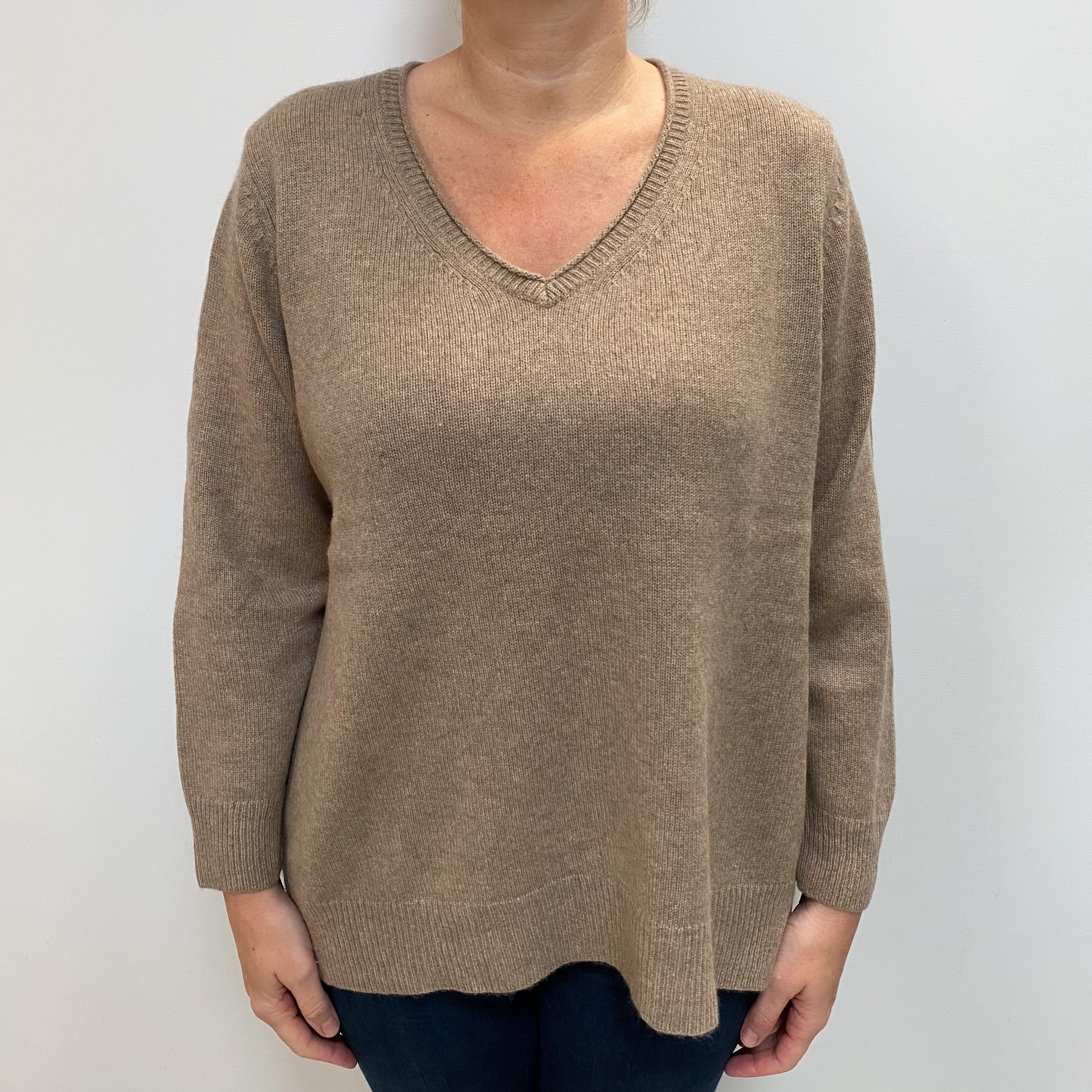 Mocha Brown Chunky Cashmere V Neck Jumper Large