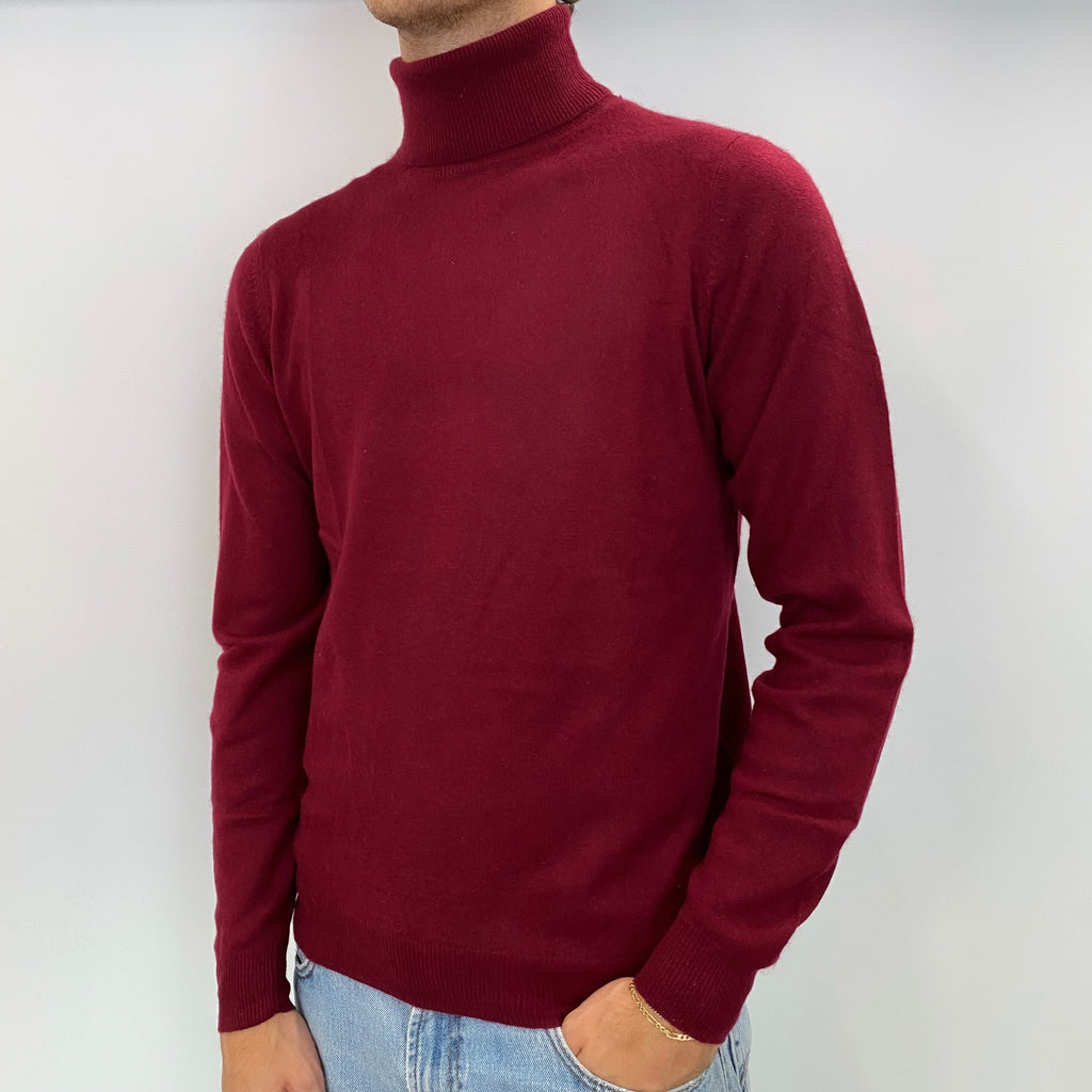 Men's Burgundy Red Cashmere Polo Neck Jumper Medium