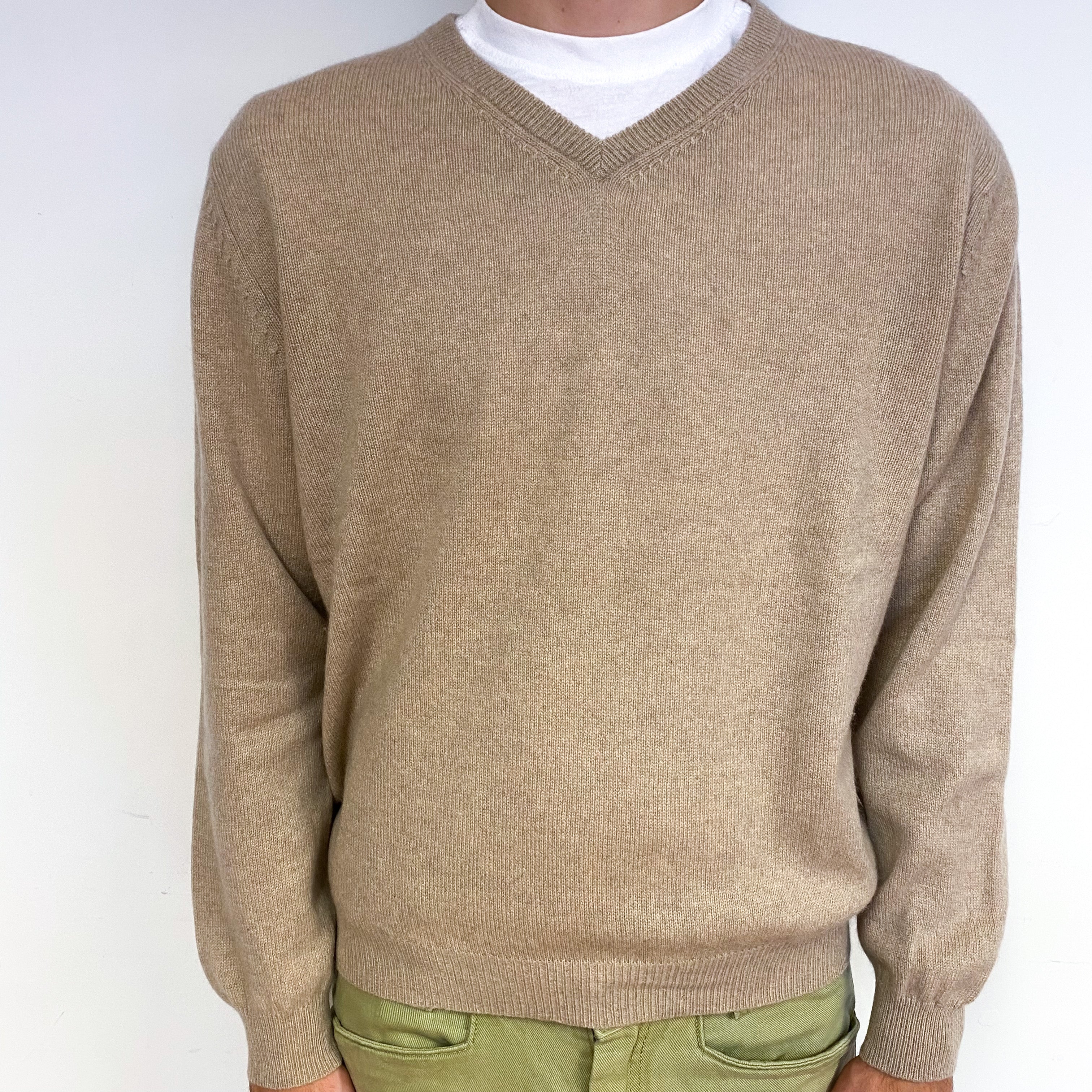 Men's Biscuit Brown Cashmere V-Neck Jumper Large