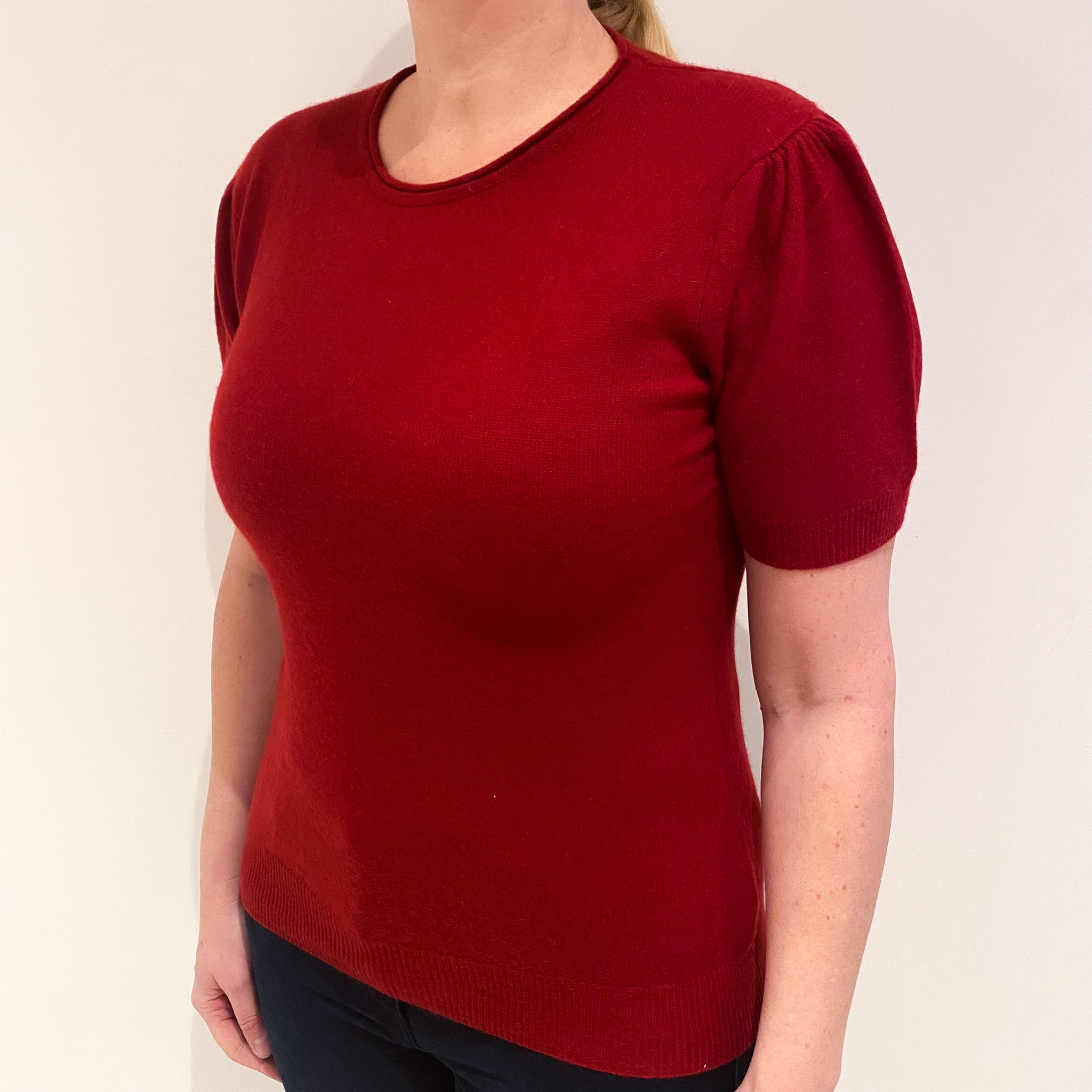Crimson Red Cashmere Short Sleeved Crew Neck Jumper Large
