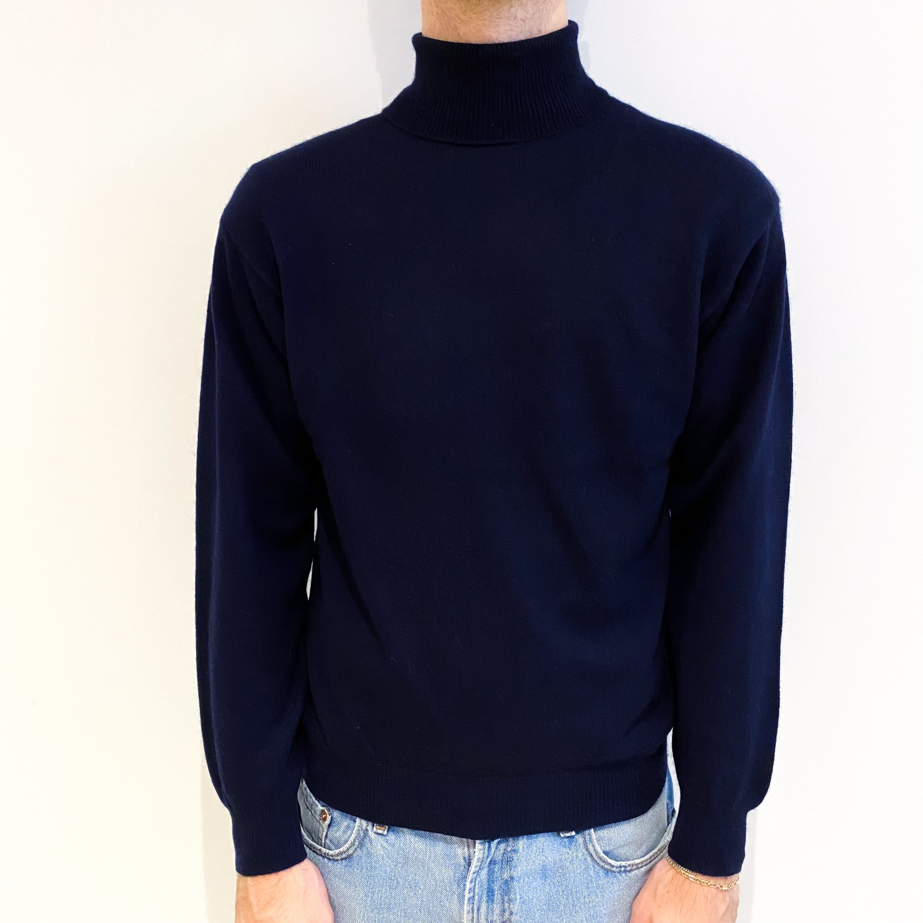 Men's Navy Blue Cashmere Polo Neck Jumper Large