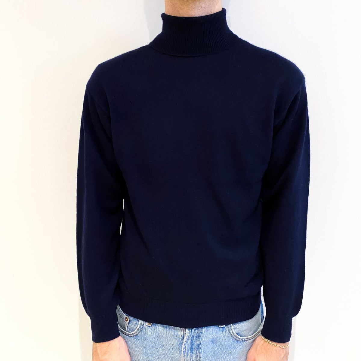 Men's Navy Blue Cashmere Polo Neck Jumper Large