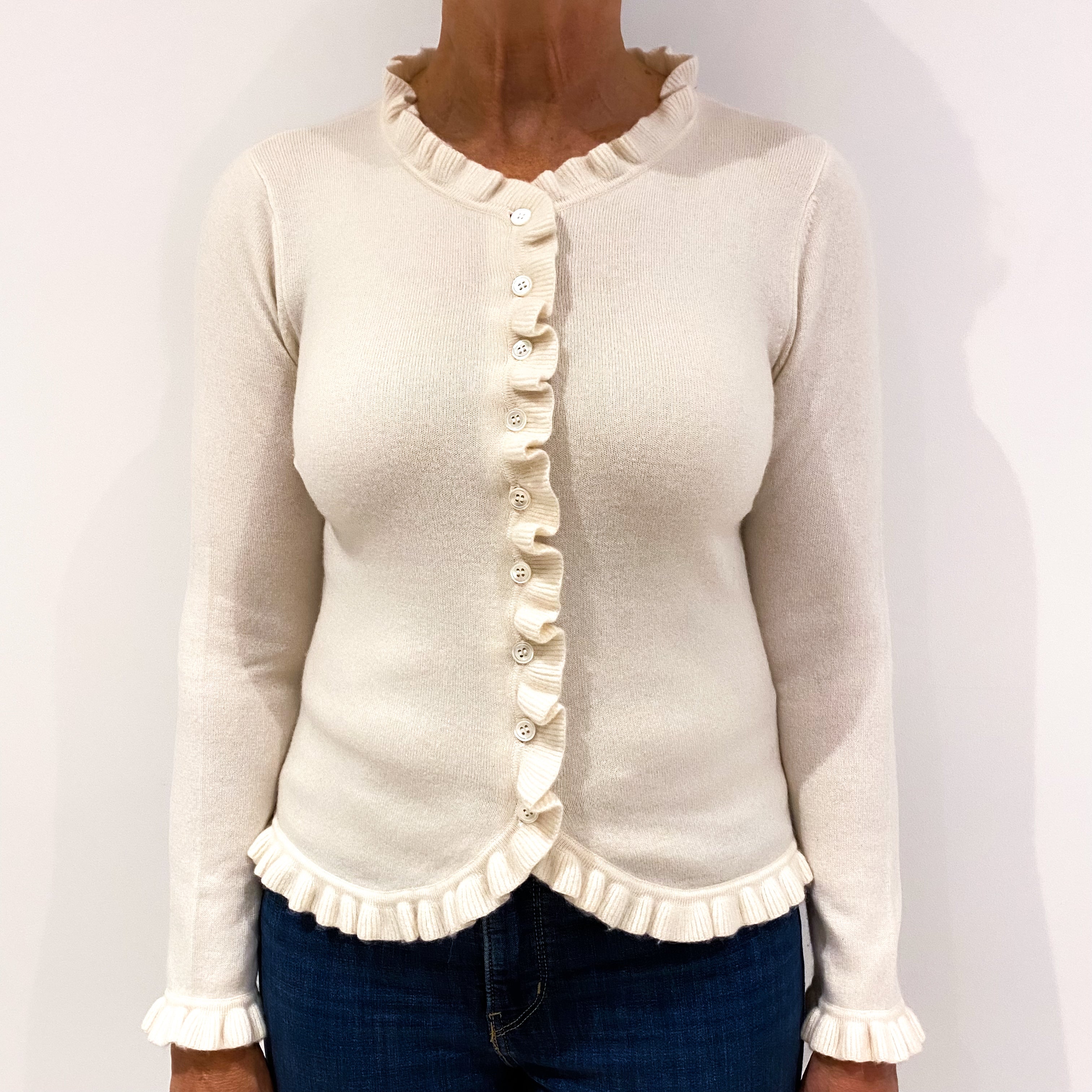 Cream Frilled Cashmere Crew Neck Cardigan Medium