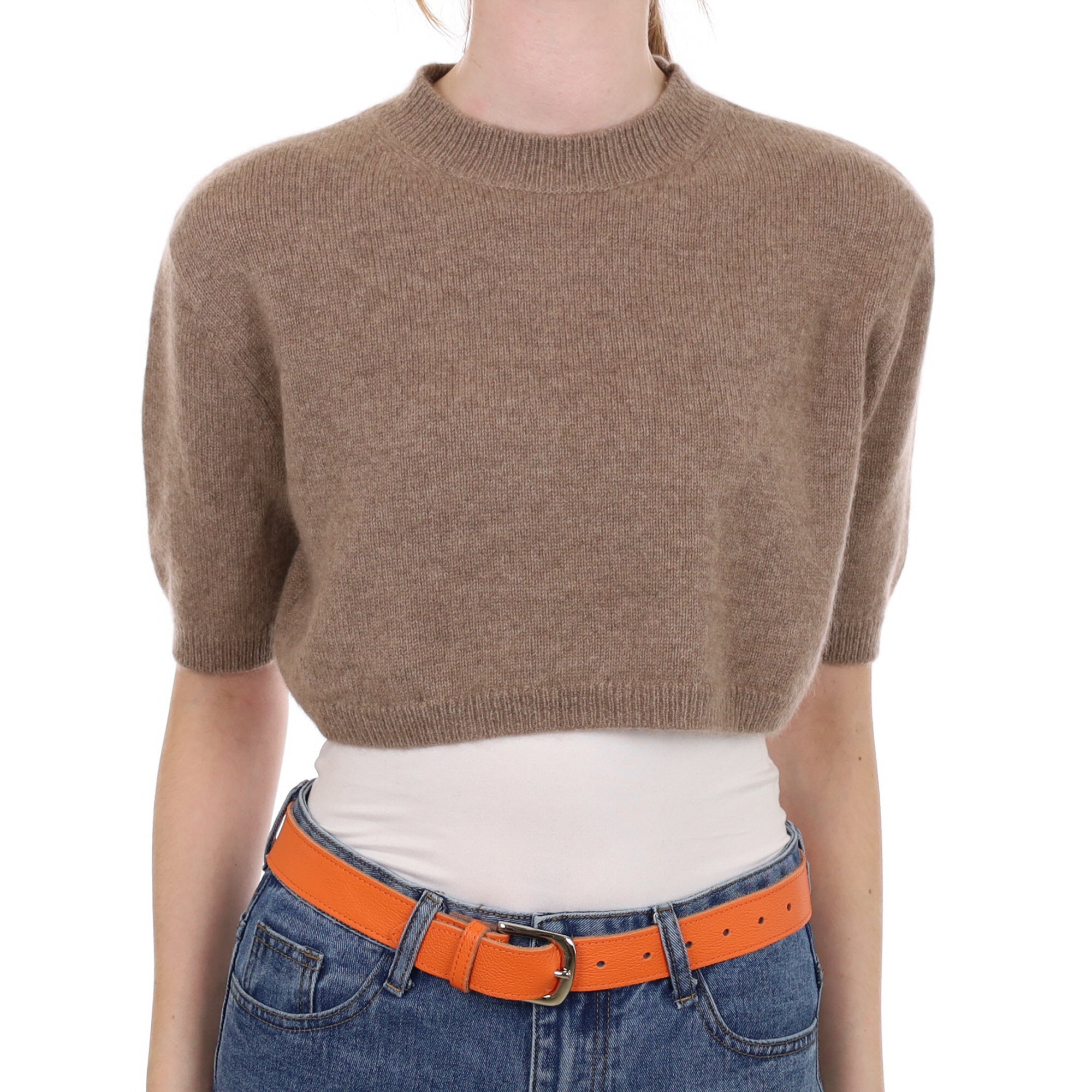 Taupe Brown Cashmere Cropped Short Sleeve Jumper Extra Small