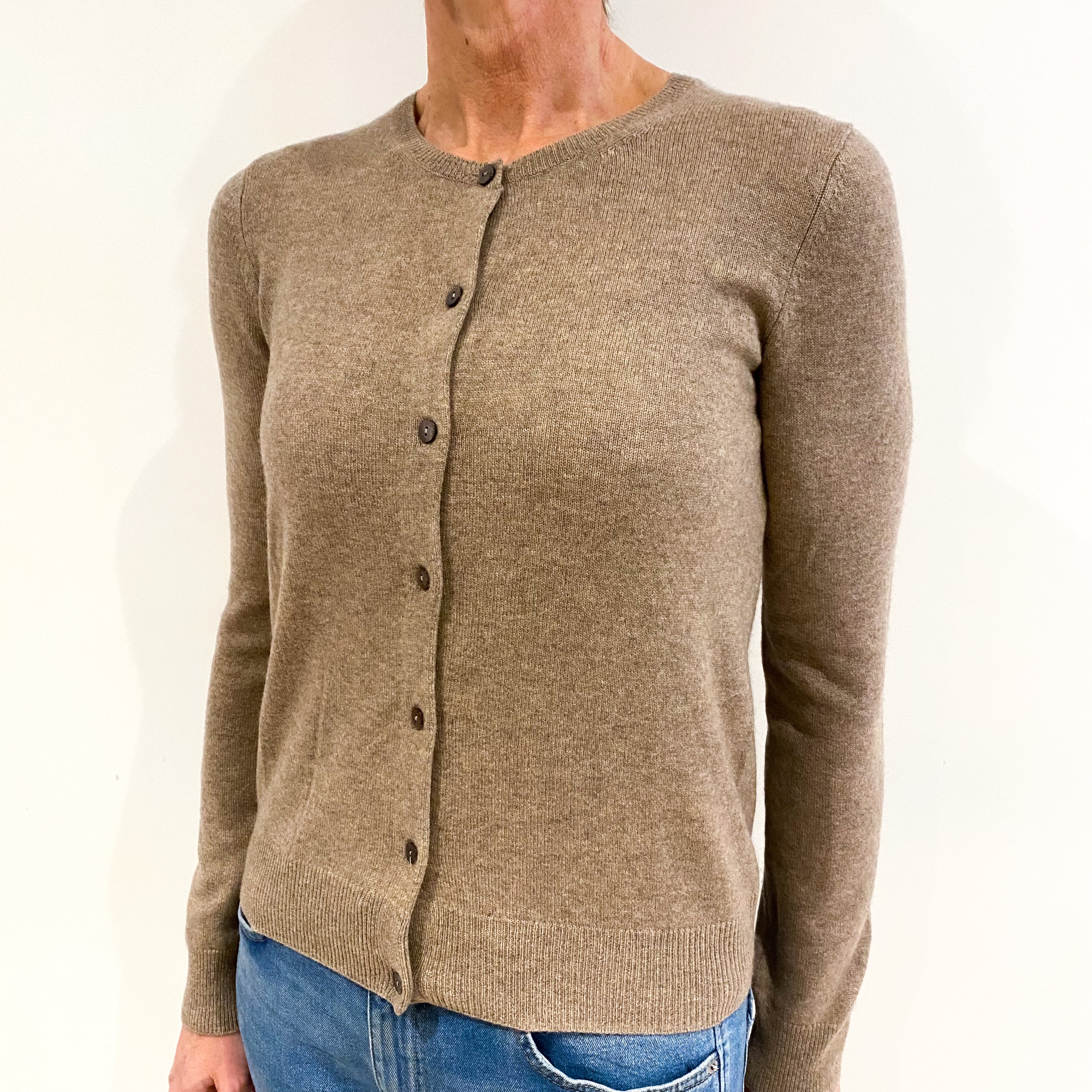 Taupe Brown Cashmere Crew Neck Cardigan Small