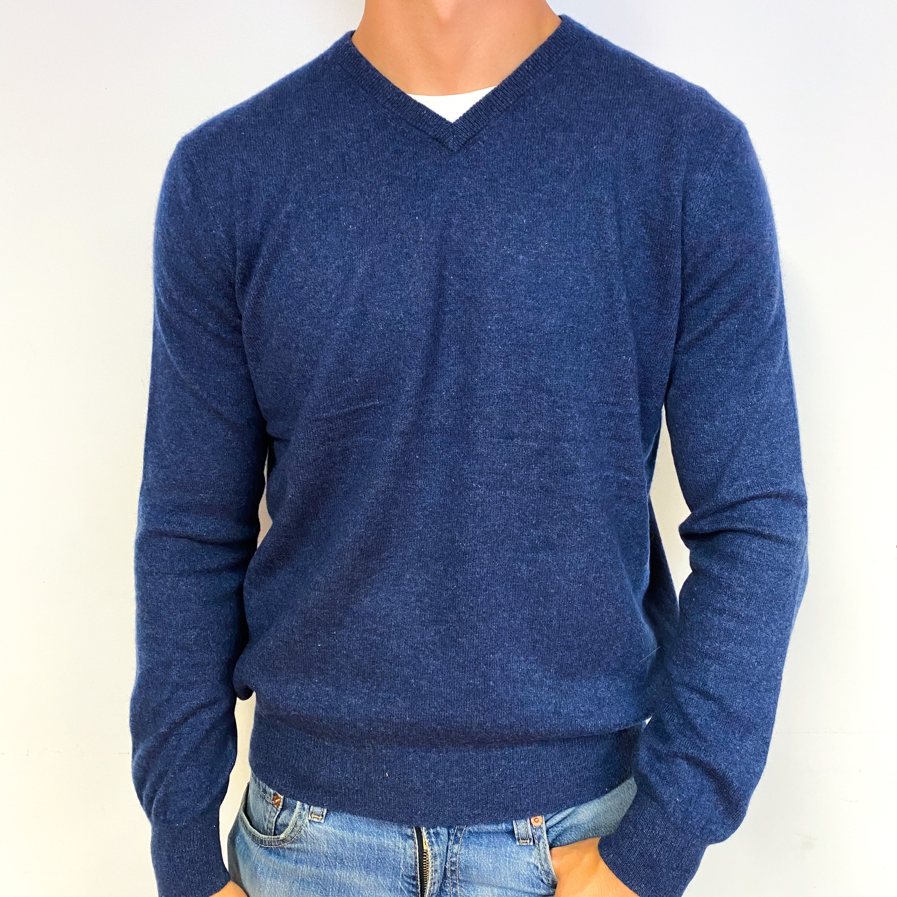 Men's Naval Blue Cashmere V-Neck Jumper Extra Large
