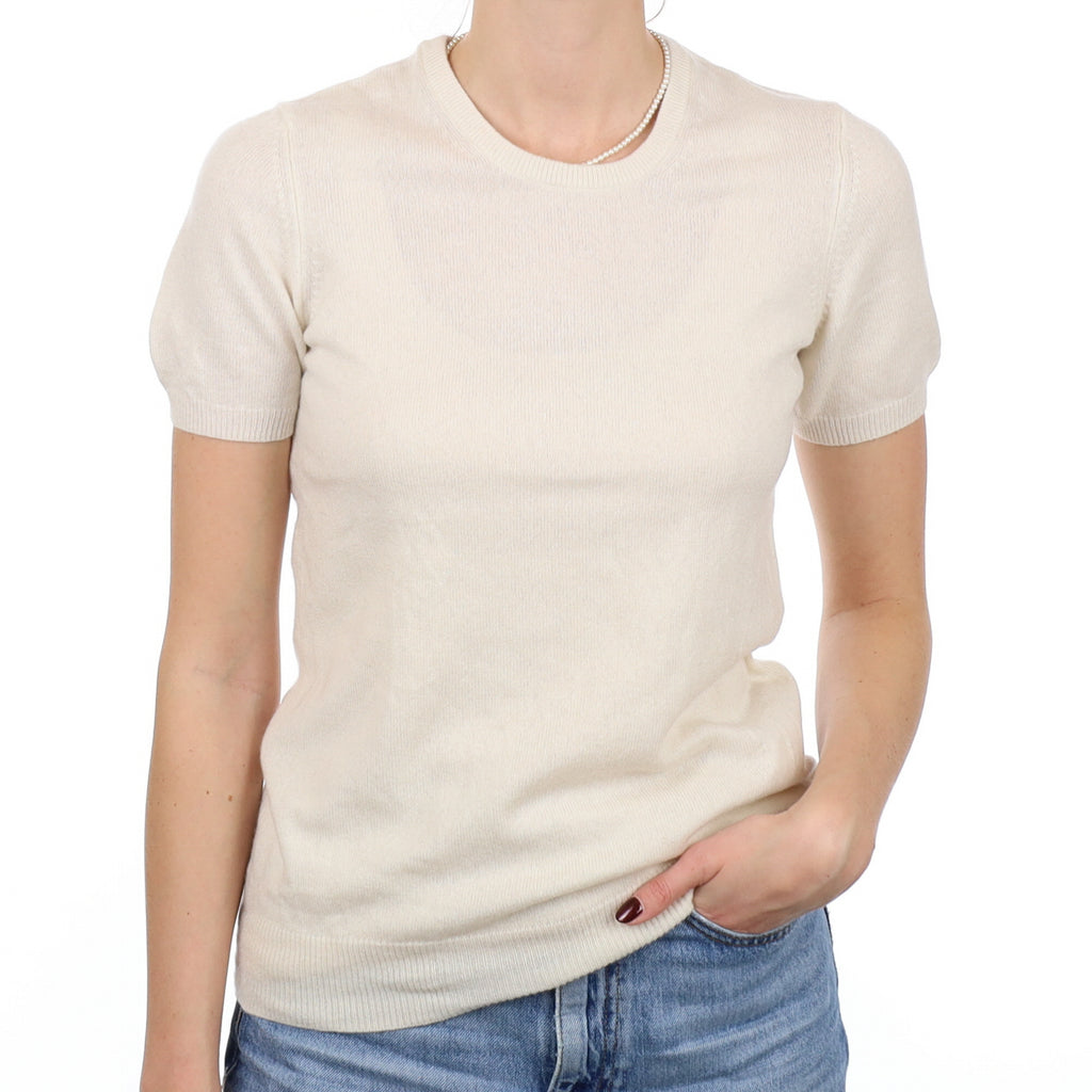 Ivory Cashmere Short Sleeve Crew Neck Jumper Small