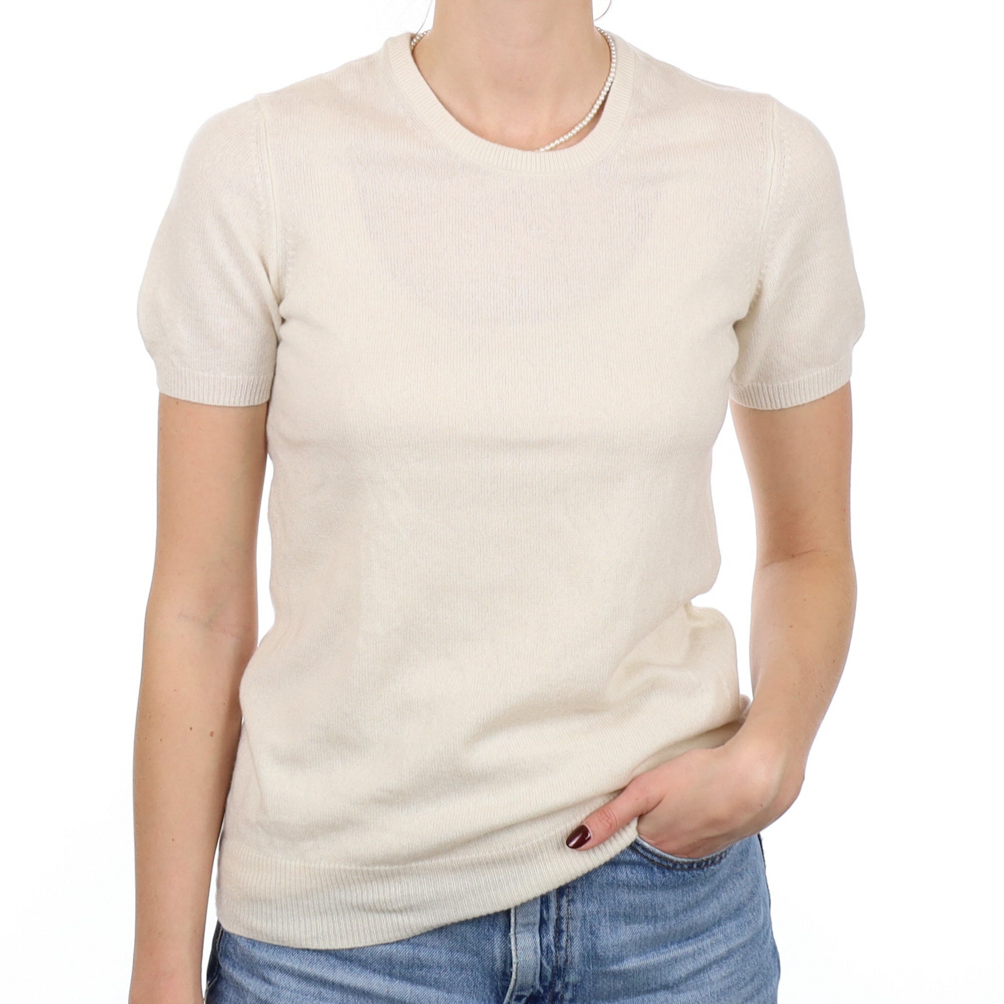 Ivory Cashmere Short Sleeve Crew Neck Jumper Small