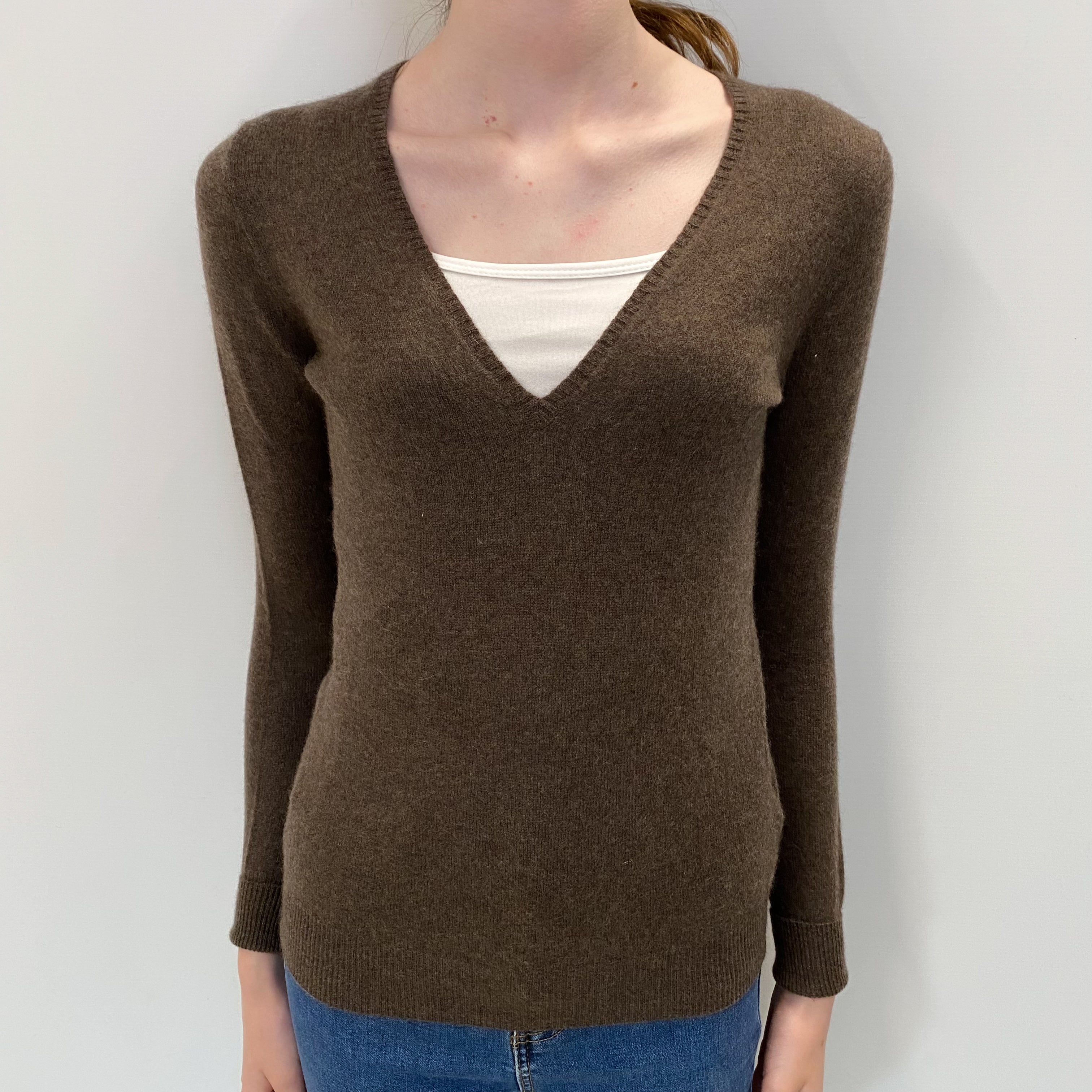 Mole Brown Cashmere V Neck Jumper Extra Small
