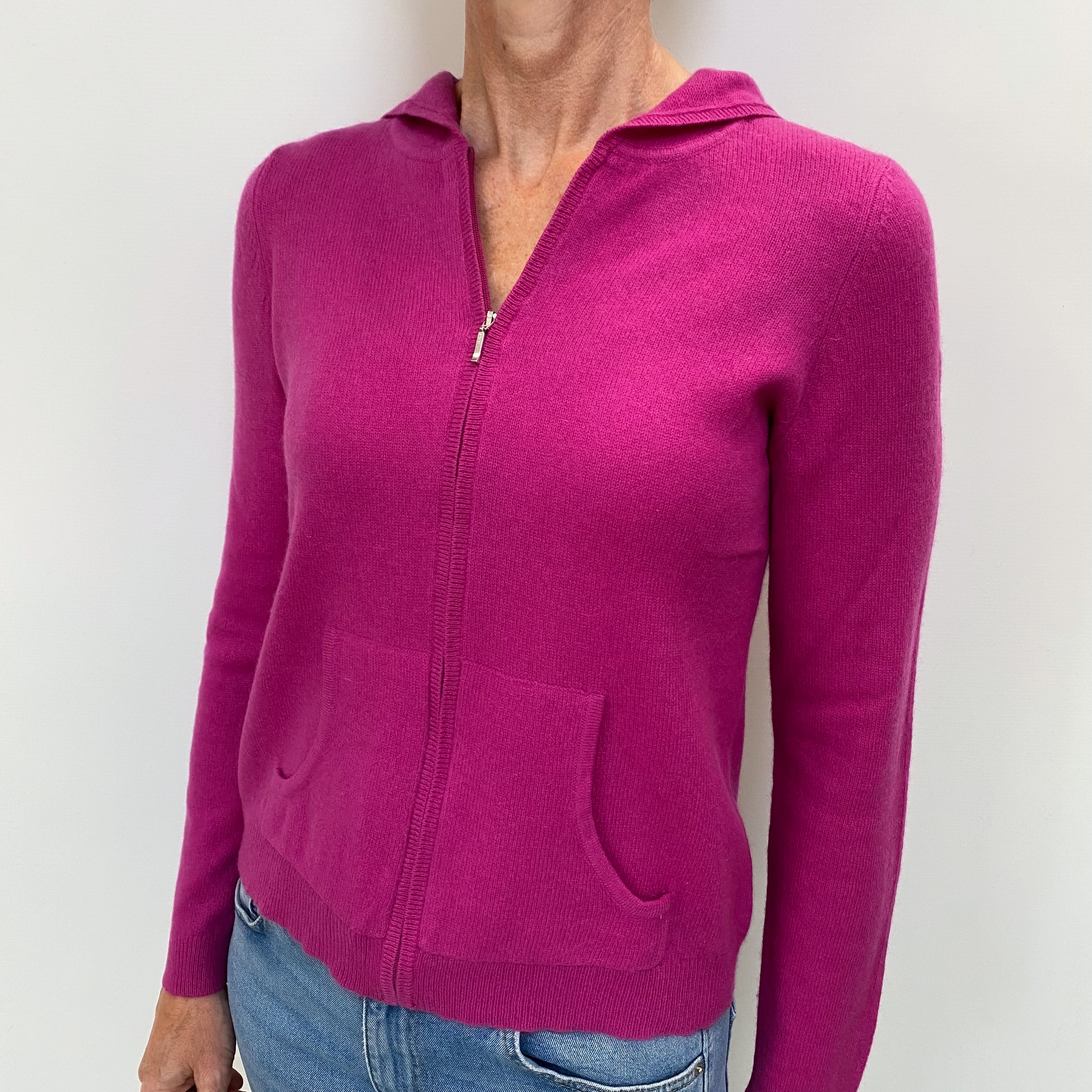 Fuchsia Pink Cashmere Zip Up Hoodie Jumper with Pockets Small