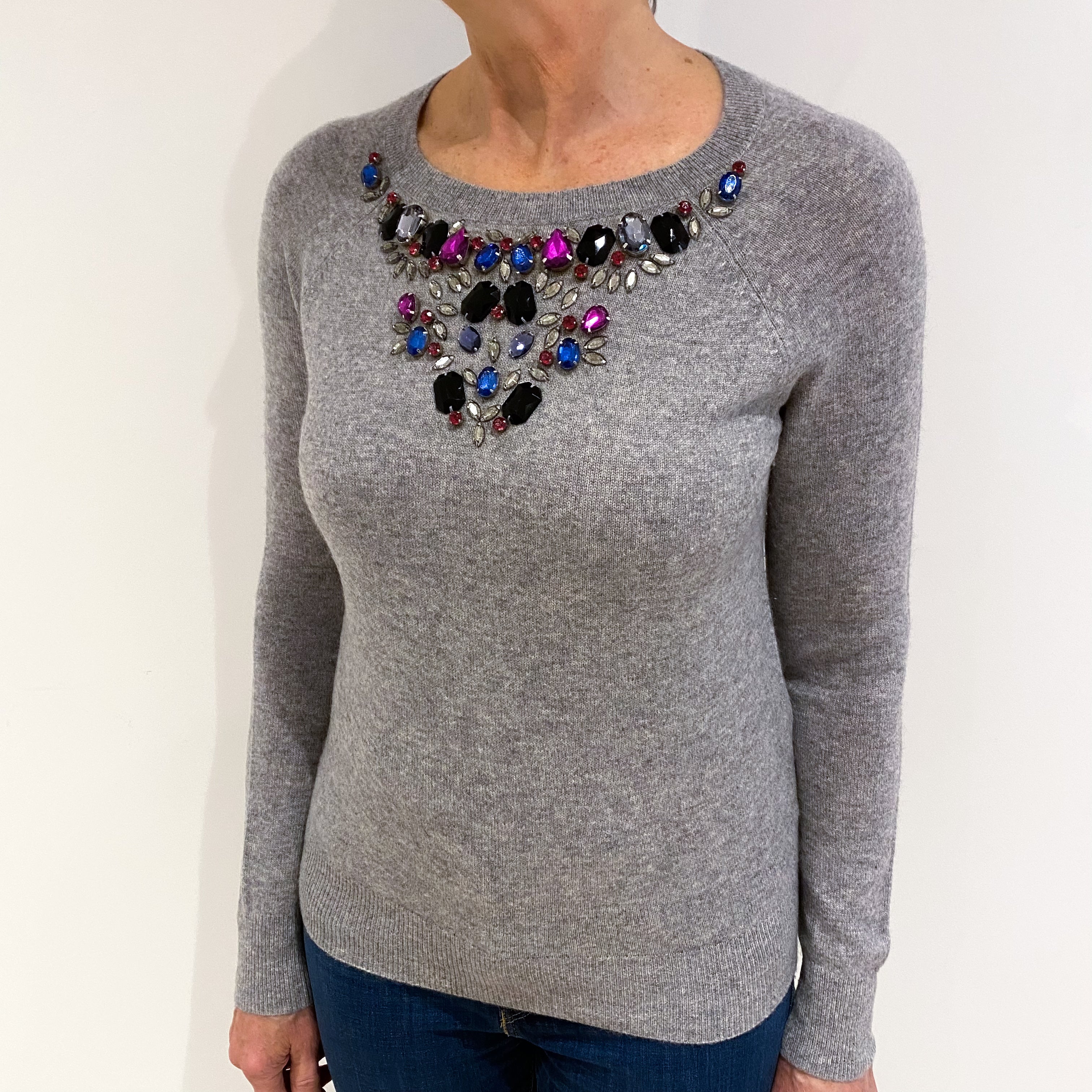 Smoke Grey Jewel Embellished Cashmere Crew Neck Jumper Medium