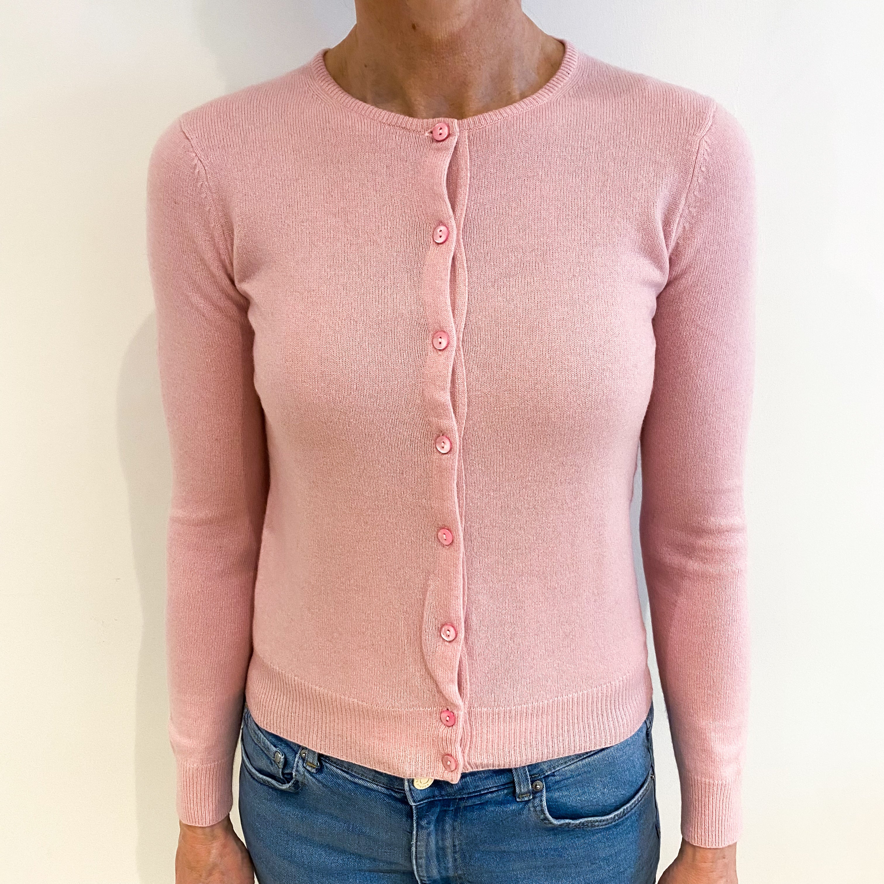 Pale Pink Cashmere Crew Neck Cardigan Small