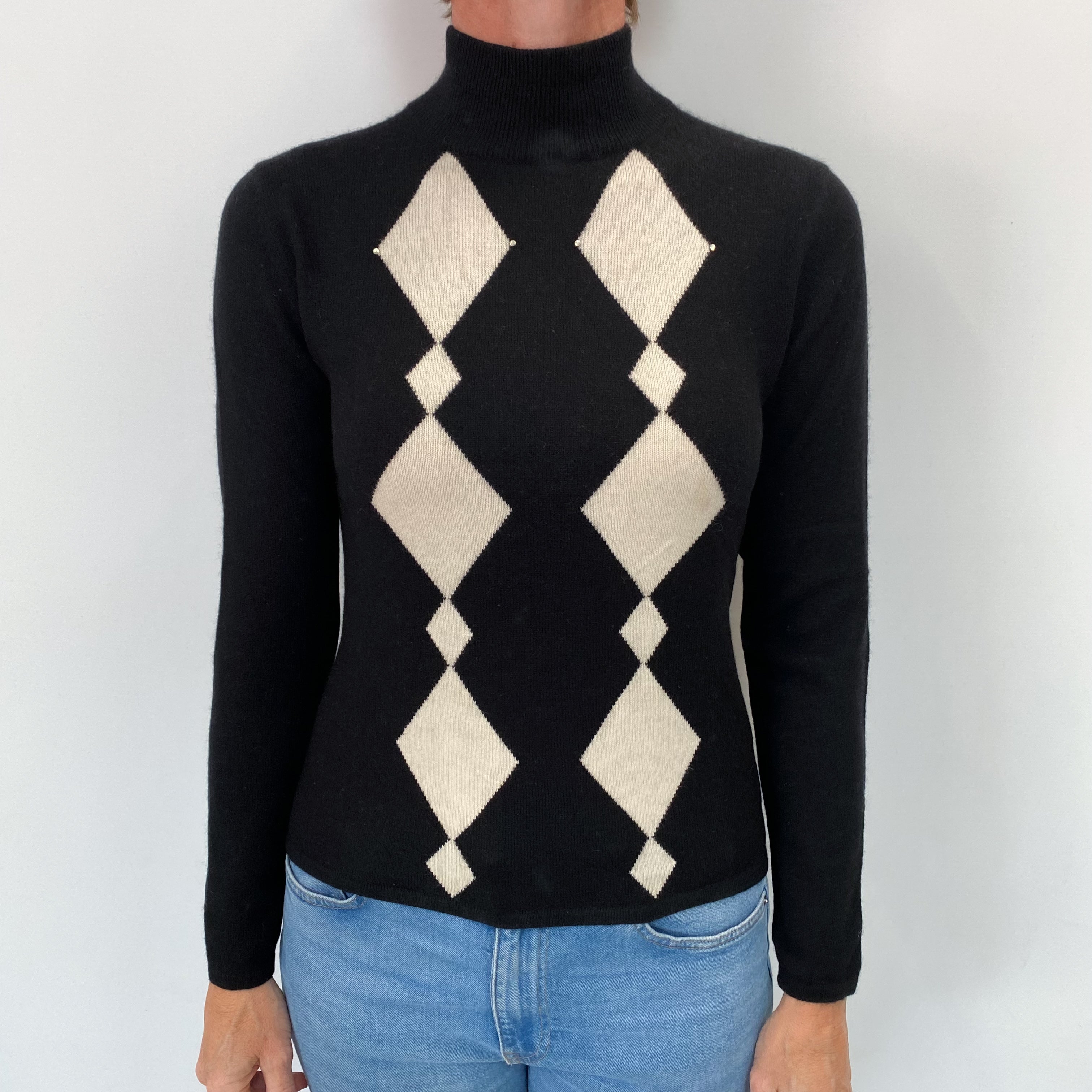 Black and Ivory Diamond Cashmere Turtle Neck Jumper Small