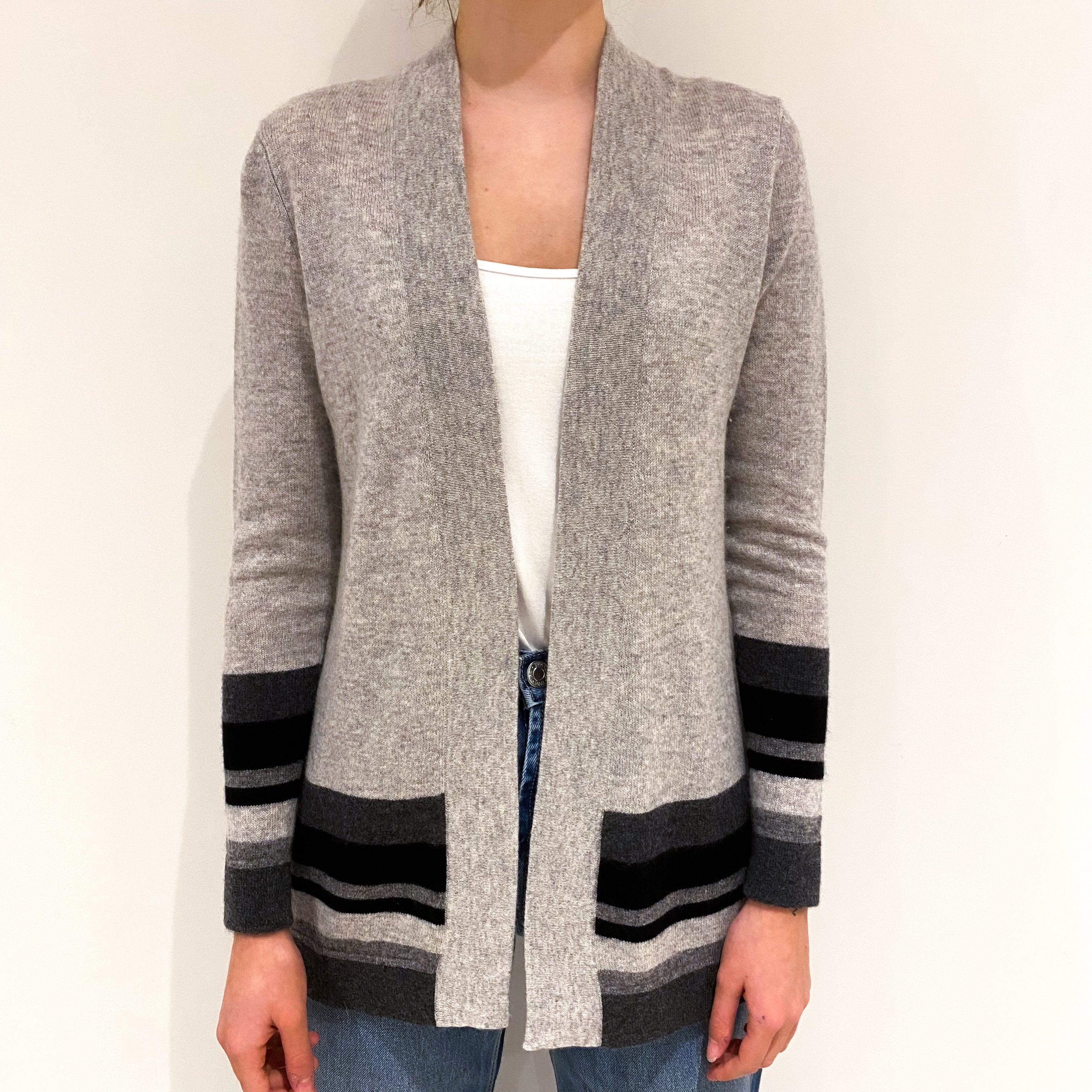 Light Grey Long Line Cashmere Edge to Edge Cardigan Extra Small