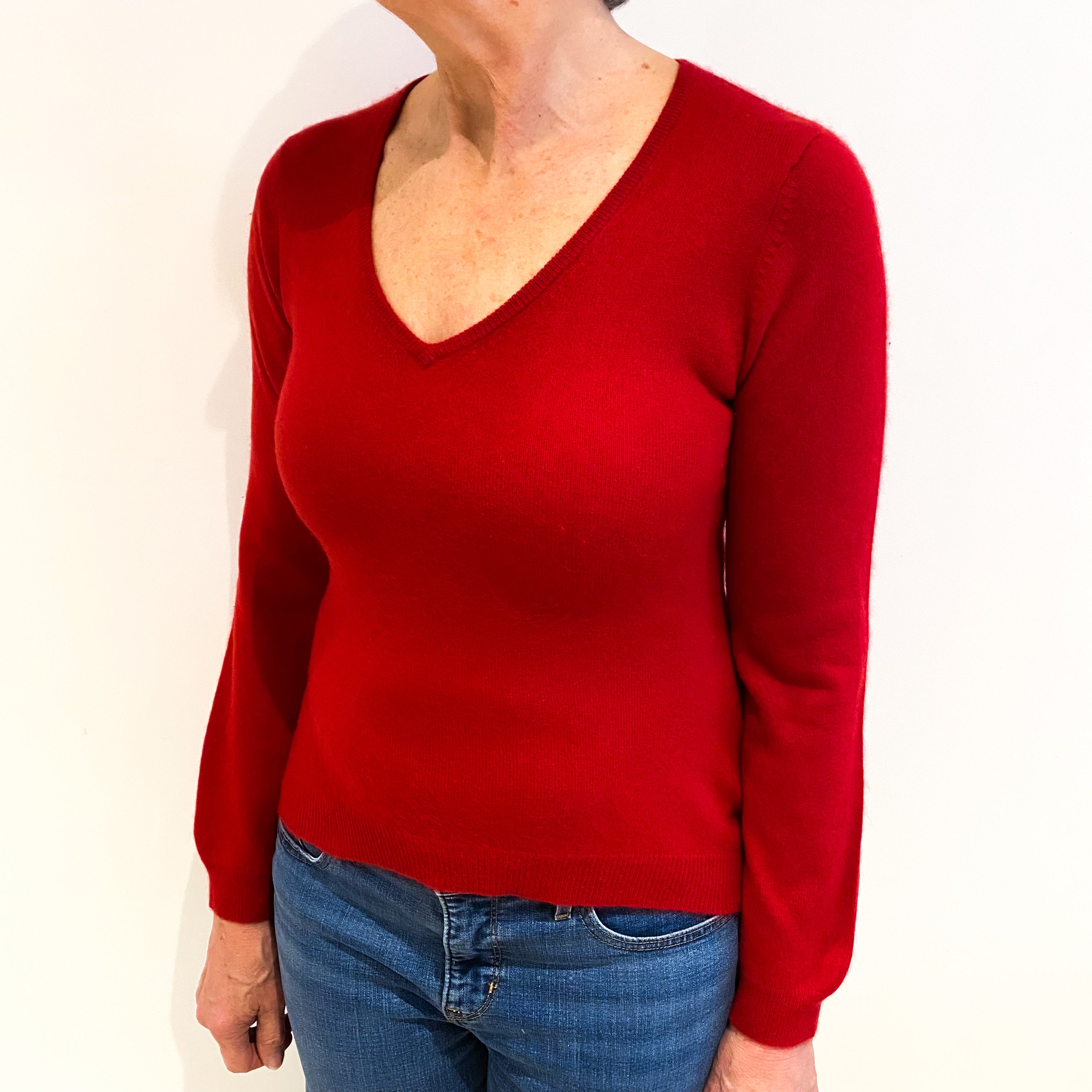 Post Box Red Cashmere V Neck Jumper Medium