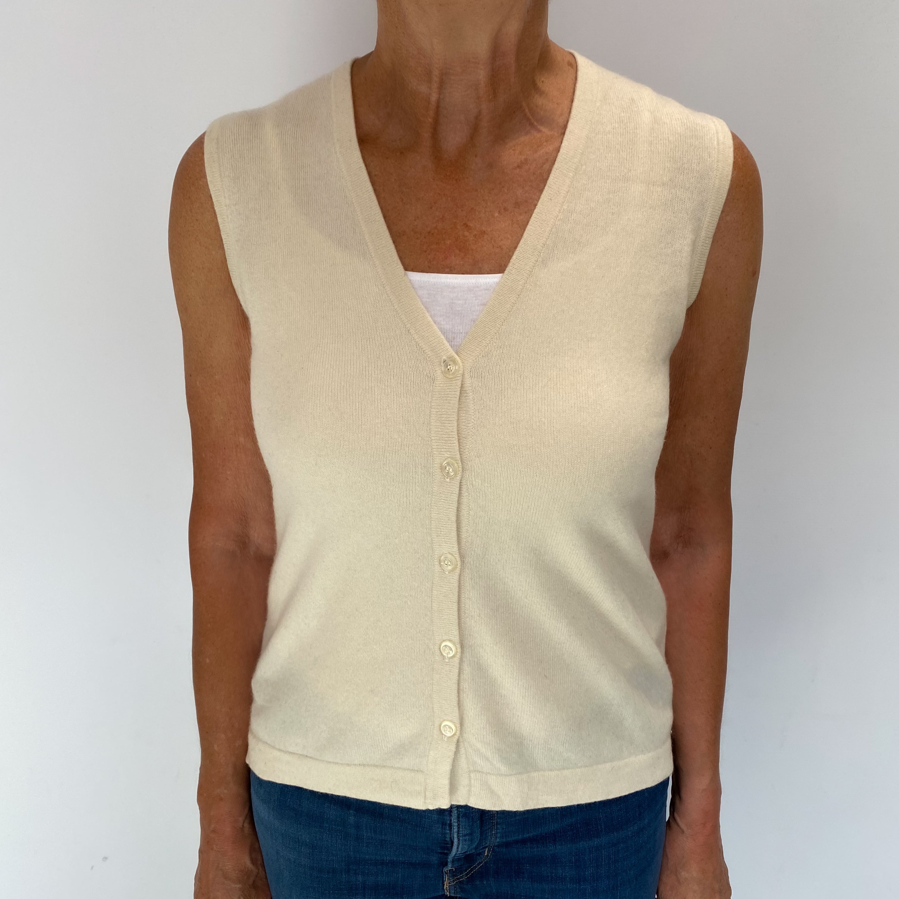 Vanilla Cream Cashmere V Neck Sleeveless Cardigan  Medium