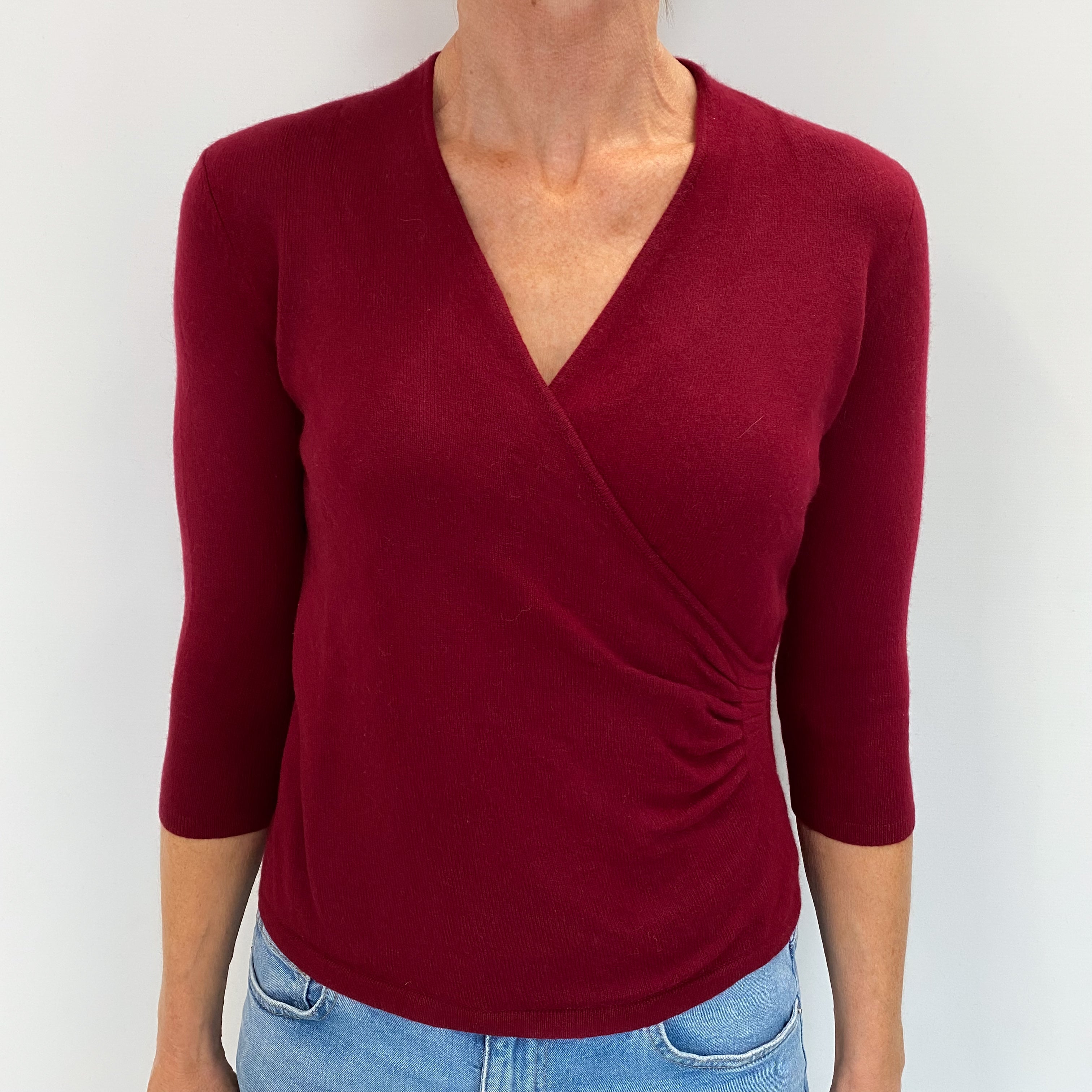 Burgundy Red Cashmere Cross Over V Neck Jumper Small
