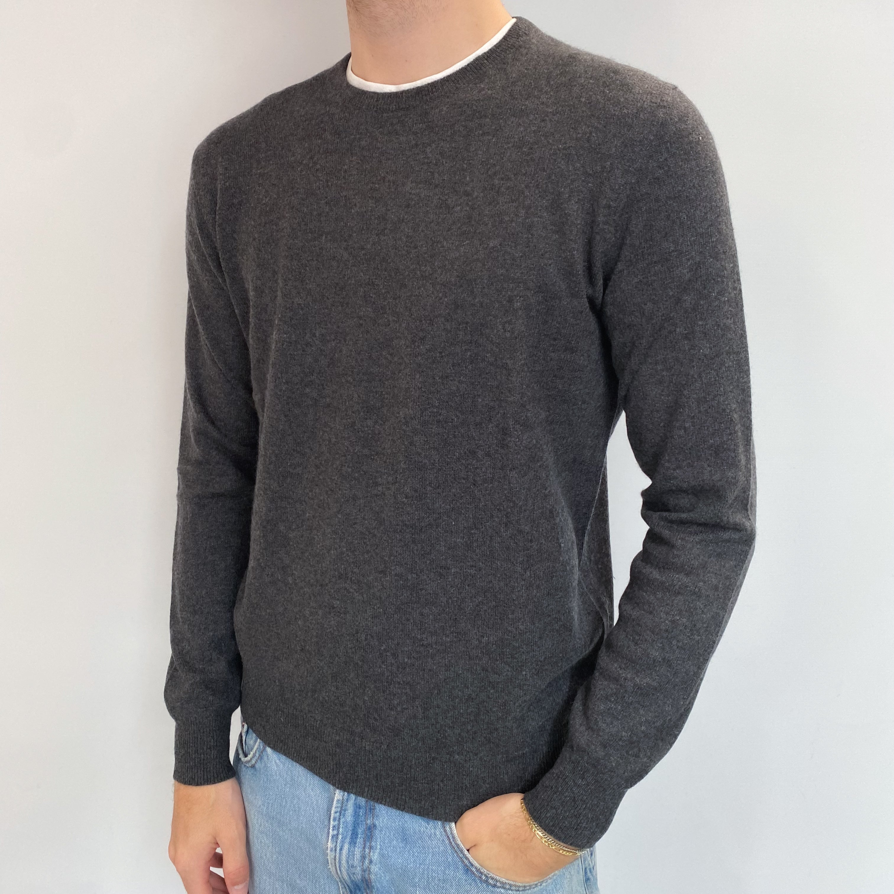 Men's Charcoal Grey Cashmere Crew Neck Jumper Medium