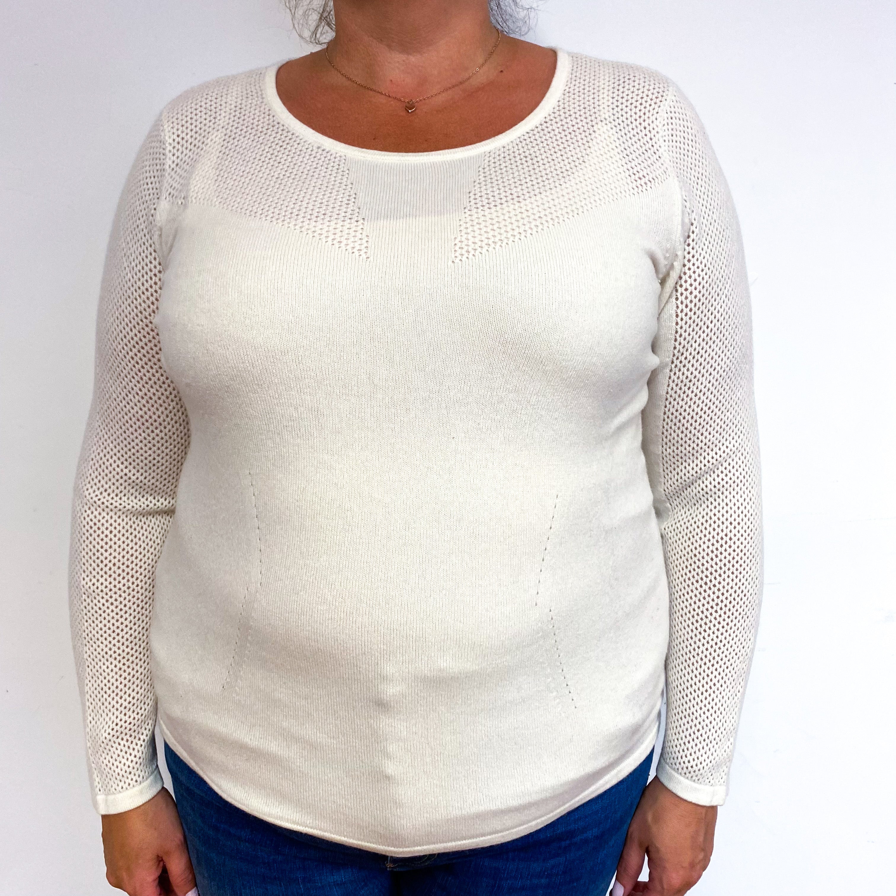 Cream Waffle Sleeve Cashmere Crew Neck Jumper Extra Large