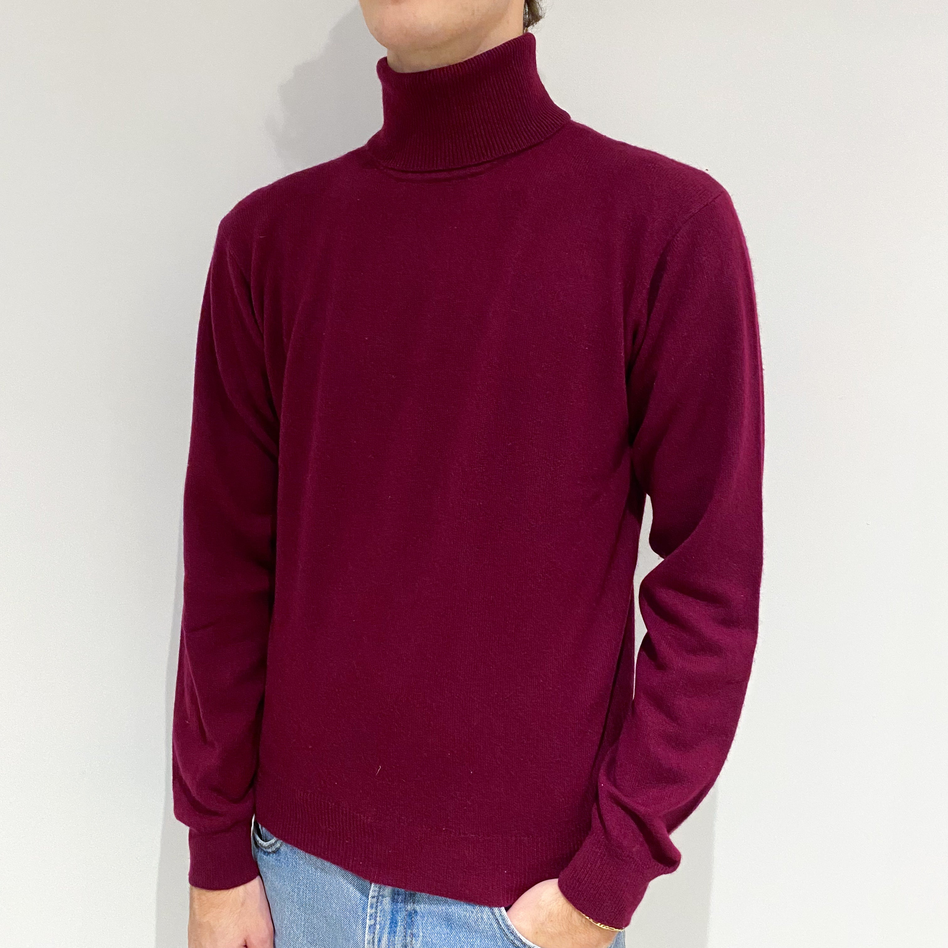 Men's Wine Red Cashmere Polo Neck Jumper Large