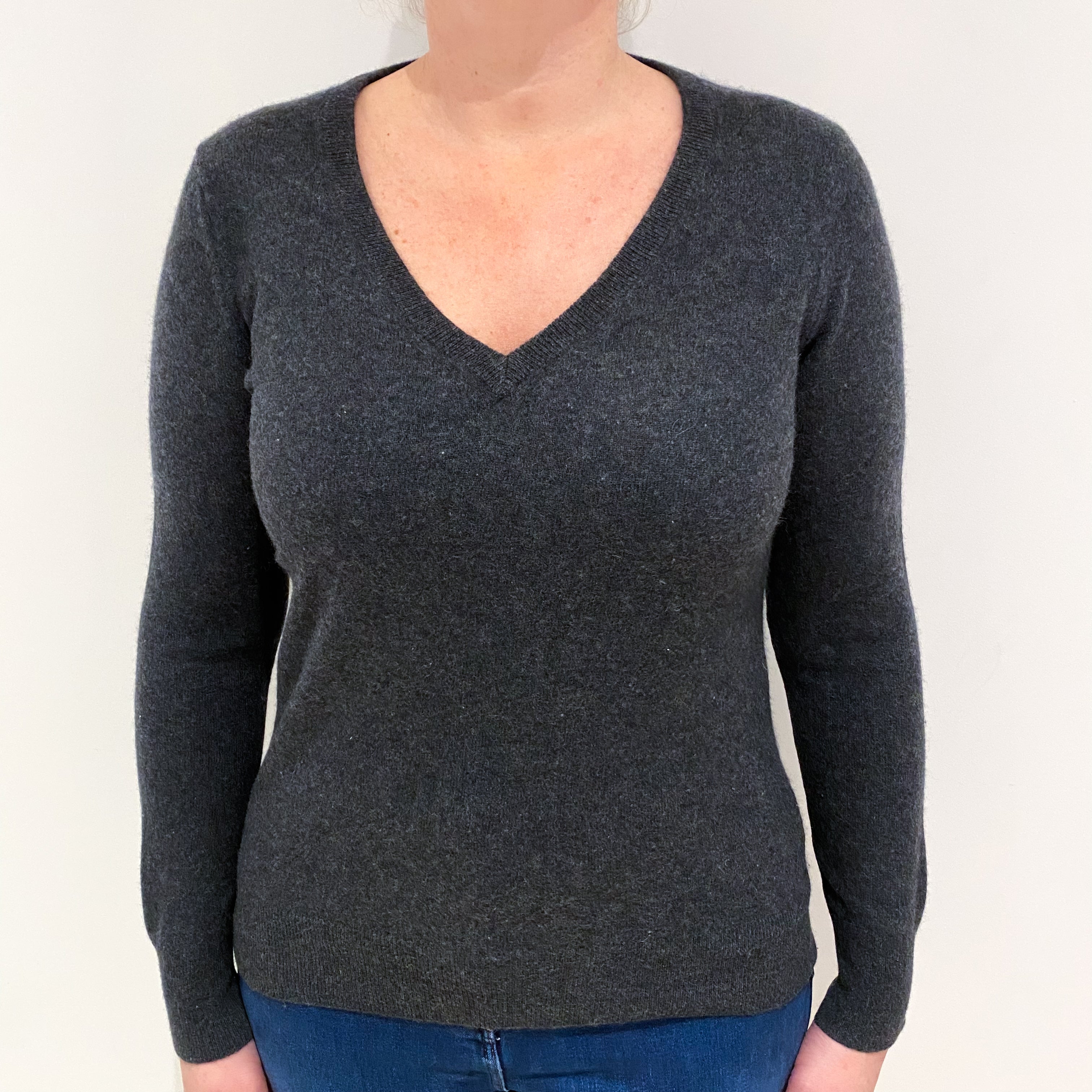 Dark Grey Cashmere V Neck Jumper Large