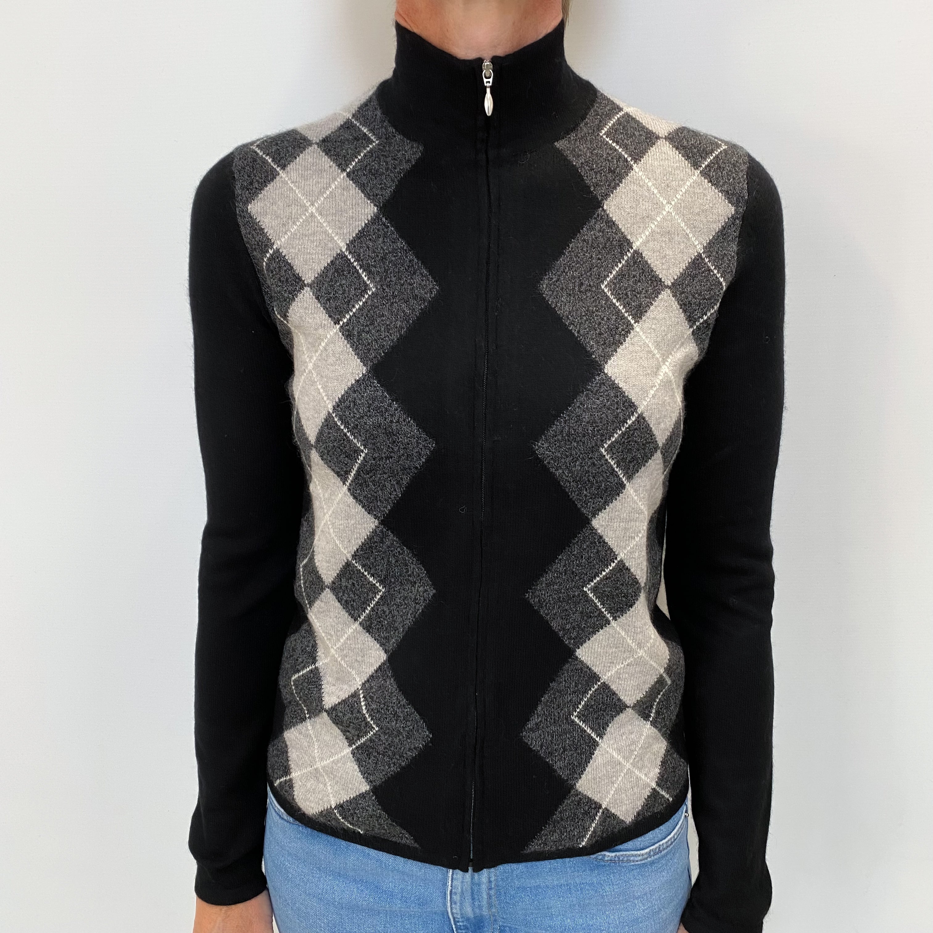 Black Grey Diamond Cashmere Zip Up Cardigan Small