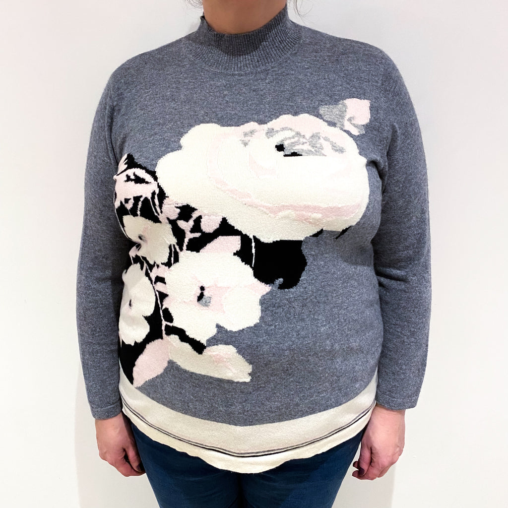 Ash Grey Floral Cashmere Turtle Neck Jumper Extra Large