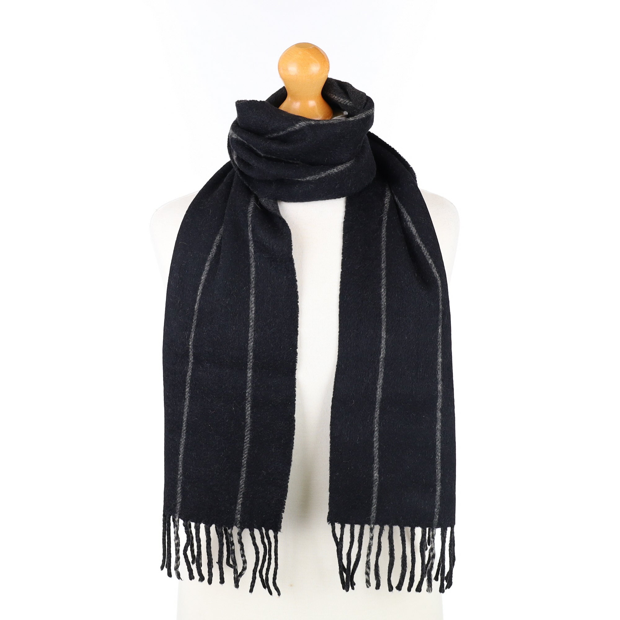 Black and Grey Striped Cashmere Woven Fringed Scarf