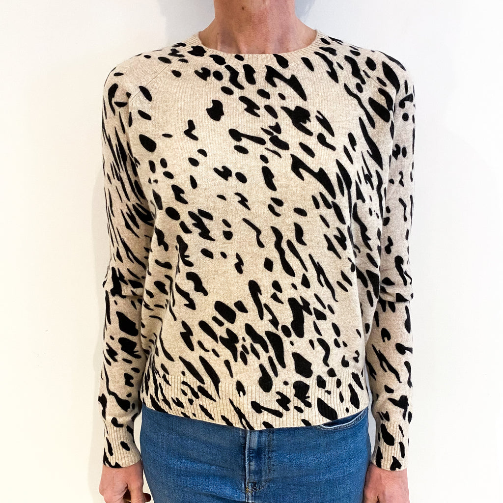 Oatmeal Beige Animal Print Cashmere Crew Neck Jumper Small